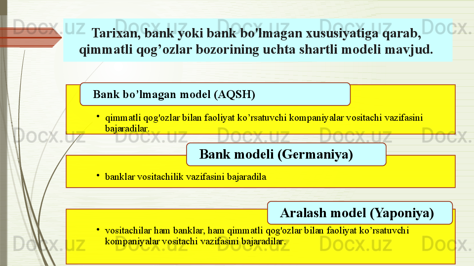 •
qimmatli qog'ozlar  bilan faoliyat ko’rsatuvchi  kompaniyalar vositachi vazifasini 
bajaradilar .Bank bo’lmagan model  ( AQSH ) 
•
banklar vositachilik vazifasini bajaradila .Bank modeli  ( Germaniya ) 
•
vositachilar ham banklar,  ham  qimmatli   qog'ozlar  bilan faoliyat ko’rsatuvchi  
kompaniyalar vositachi vazifasini bajaradilar .Aralash model  ( Yaponiya ) Tarixan, bank yoki bank bo'lmagan xususiyatiga qarab, 
qimmatli qog’ozlar  bozorining uchta shartli modeli mavjud .                   