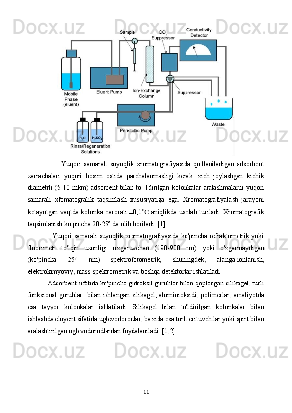                       Yuqori   samarali   suyuqlik   xromatografiyasida   qo'llaniladigan   adsorbent
zarrachalari   yuqori   bosim   ostida   parchalanmasligi   kerak.   zich   joylashgan   kichik
diametrli (5-10 mkm) adsorbent bilan to '1dirilgan kolonkalar aralashmalarni  yuqori
samarali   xfomatogralik   taqsimlash   xususiyatiga   ega.   Xromatografiyalash   jarayoni
ketayotgan vaqtda kolonka harorati  ±0,1 ℃   aniqlikda ushlab turiladi. Xromatografik
taqsimlanish ko'pincha 20-25º da olib boriladi. [1]
                     Yuqori samarali suyuqlik xromatografiyasida ko'pincha refraktometrik yoki
fluorimetr   to'lqin   uzunligi   o'zgaruvchan   (190-900   nm)   yoki   o'zgarmaydigan
(ko'pincha   254   nm)   spektrofotometrik,   shuningdek,   alanga-ionlanish,
elektrokimyoviy, mass-spektrometrik va boshqa detektorlar ishlatiladi.
           Adsorbent sifatida ko'pincha gidroksil guruhlar bilan qoplangan silikagel, turli
funksional  guruhlar   bilan ishlangan silikagel, aluminioksidi, polimerlar, amaliyotda
esa   tayyor   kolonkalar   ishlatiladi.   Silikagel   bilan   to'ldirilgan   kolonkalar   bilan
ishlashda eluyent sifatida uglevodorodlar, ba'zida esa turli erituvchilar yoki spirt bilan
aralashtirilgan uglevodorodlardan foydalaniladi. [1,2]
11 