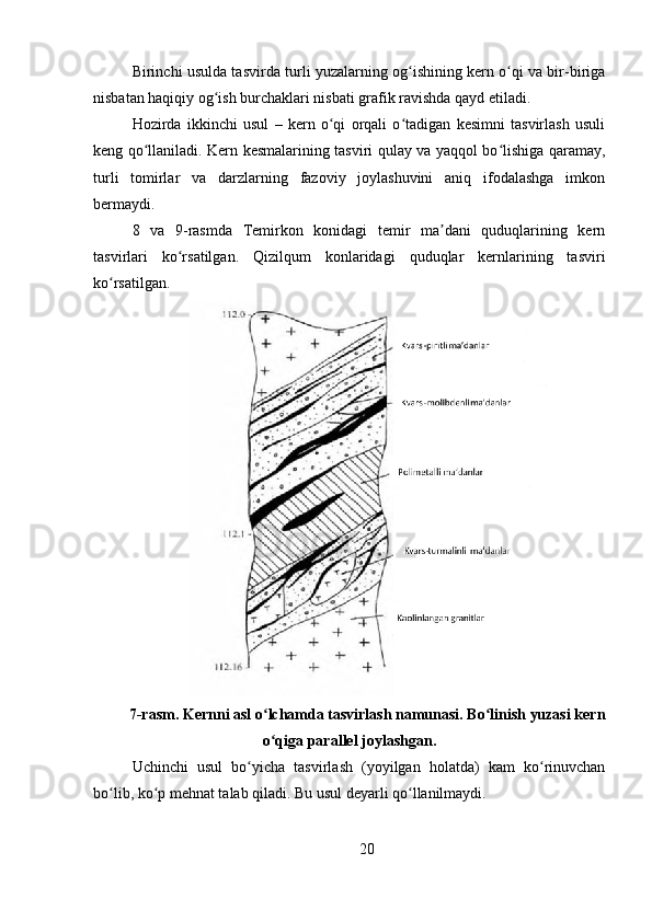 Birinchi usulda tasvirda turli yuzalarning og ishining kern o qi va bir-birigaʻ ʻ
nisbatan haqiqiy og ish burchaklari nisbati grafik ravishda qayd etiladi.	
ʻ
Hozirda   ikkinchi   usul   –   kern   o qi   orqali   o tadigan   kesimni   tasvirlash   usuli	
ʻ ʻ
keng qo llaniladi. Kern kesmalarining tasviri qulay va yaqqol bo lishiga qaramay,	
ʻ ʻ
turli   tomirlar   va   darzlarning   fazoviy   joylashuvini   aniq   ifodalashga   imkon
bermaydi.
8   va   9-rasmda   Temirkon   konidagi   temir   ma dani   quduqlarining   kern	
ʼ
tasvirlari   ko rsatilgan.   Qizilqum   konlaridagi   quduqlar   kernlarining   tasviri	
ʻ
ko rsatilgan.	
ʻ
7-rasm. Kernni asl o lchamda tasvirlash namunasi. Bo linish yuzasi kern	
ʻ ʻ
o qiga parallel joylashgan.
ʻ
Uchinchi   usul   bo yicha   tasvirlash   (yoyilgan   holatda)   kam   ko rinuvchan	
ʻ ʻ
bo lib, ko p mehnat talab qiladi. Bu usul deyarli qo llanilmaydi.	
ʻ ʻ ʻ
20 