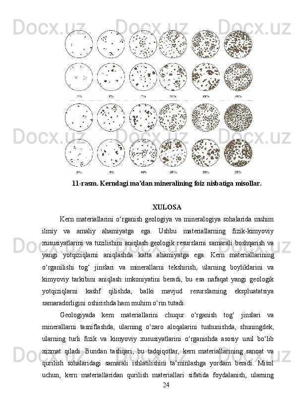 11-rasm. Kerndagi ma dan mineralining foiz nisbatiga misollar.ʼ
XULOSA
Kern   materiallarini   o‘rganish   geologiya   va   mineralogiya   sohalarida   muhim
ilmiy   va   amaliy   ahamiyatga   ega.   Ushbu   materiallarning   fizik-kimyoviy
xususiyatlarini  va  tuzilishini   aniqlash  geologik  resurslarni  samarali   boshqarish  va
yangi   yotqiziqlarni   aniqlashda   katta   ahamiyatga   ega.   Kern   materiallarining
o‘rganilishi   tog‘   jinslari   va   minerallarni   tekshirish,   ularning   boyliklarini   va
kimyoviy   tarkibini   aniqlash   imkoniyatini   beradi,   bu   esa   nafaqat   yangi   geologik
yotqiziqlarni   kashf   qilishda,   balki   mavjud   resurslarning   ekspluatatsiya
samaradorligini oshirishda ham muhim o‘rin tutadi.
Geologiyada   kern   materiallarini   chuqur   o‘rganish   tog‘   jinslari   va
minerallarni   tasniflashda,   ularning   o‘zaro   aloqalarini   tushunishda,   shuningdek,
ularning   turli   fizik   va   kimyoviy   xususiyatlarini   o‘rganishda   asosiy   usul   bo‘lib
xizmat   qiladi.   Bundan   tashqari,   bu   tadqiqotlar,   kern   materiallarining   sanoat   va
qurilish   sohalaridagi   samarali   ishlatilishini   ta’minlashga   yordam   beradi.   Misol
uchun,   kern   materiallaridan   qurilish   materiallari   sifatida   foydalanish,   ularning
24 