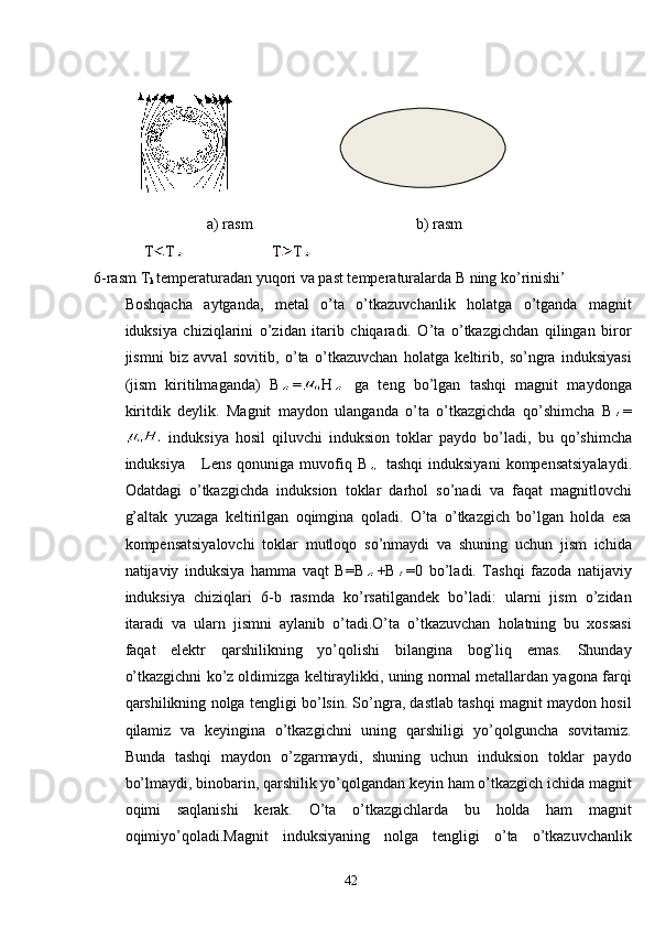  
 
a) rasm b) rasm
             T T                       T T  
6-rasm T
k  temperaturadan yuqori va past temperaturalarda B ning ko’rinishi’
Boshqacha   aytganda,   metal   o’ta   o’tkazuvchanlik   holatga   o’tganda   magnit
iduksiya   chiziqlarini   o’zidan   itarib   chiqaradi.   O’ta   o’tkazgichdan   qilingan   biror
jismni   biz   avval   sovitib,   o’ta   o’tkazuvchan   holatga   keltirib,   so’ngra   induksiyasi
(jism   kiritilmaganda)   B = H   ga   teng   bo’lgan   tashqi   magnit   maydonga
kiritdik   deylik.   Magnit   maydon   ulanganda   o’ta   o’tkazgichda   qo’shimcha   B =
  induksiya   hosil   qiluvchi   induksion   toklar   paydo   bo’ladi,   bu   qo’shimcha
induksiya       Lens   qonuniga   muvofiq   B   tashqi   induksiyani   kompensatsiyalaydi.
Odatdagi   o’tkazgichda   induksion   toklar   darhol   so’nadi   va   faqat   magnitlovchi
g’altak   yuzaga   keltirilgan   oqimgina   qoladi.   O’ta   o’tkazgich   bo’lgan   holda   esa
kompensatsiyalovchi   toklar   mutloqo   so’nmaydi   va   shuning   uchun   jism   ichida
natijaviy   induksiya   hamma   vaqt   B=B +B =0   bo’ladi.   Tashqi   fazoda   natijaviy
induksiya   chiziqlari   6-b   rasmda   ko’rsatilgandek   bo’ladi:   ularni   jism   o’zidan
itaradi   va   ularn   jismni   aylanib   o’tadi.O’ta   o’tkazuvchan   holatning   bu   xossasi
faqat   elektr   qarshilikning   yo’qolishi   bilangina   bog’liq   emas.   Shunday
o’tkazgichni ko’z oldimizga keltiraylikki, uning normal metallardan yagona farqi
qarshilikning nolga tengligi bo’lsin. So’ngra, dastlab tashqi magnit maydon hosil
qilamiz   va   keyingina   o’tkazgichni   uning   qarshiligi   yo’qolguncha   sovitamiz.
Bunda   tashqi   maydon   o’zgarmaydi,   shuning   uchun   induksion   toklar   paydo
bo’lmaydi, binobarin, qarshilik yo’qolgandan keyin ham o’tkazgich ichida magnit
oqimi   saqlanishi   kerak.   O’ta   o’tkazgichlarda   bu   holda   ham   magnit
oqimiyo’qoladi.Magnit   induksiyaning   nolga   tengligi   o’ta   o’tkazuvchanlik
42 