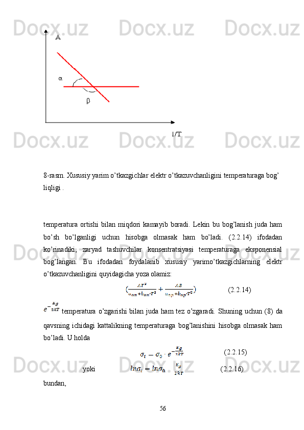 8 - rasm.   Xususiy yarim o’tkazgichlar elektr o’tkazuvchanligini temperaturaga bog’
liqligi   .
temperatura   ortishi   bilan   miqdori   kamayib   boradi.   Lekin   bu   bog’lanish   juda   ham
bo’sh   bo’lganligi   uchun   hisobga   olmasak   ham   bo’ladi.   (2.2.14)   ifodadan
ko’rinadiki,   zaryad   tashuvchilar   konsentratsiyasi   temperaturaga   eksponensial
bog’langan.   Bu   ifodadan   foydalanib   xususiy   yarimo’tkazgichlarning   elektr
o’tkazuvchanligini quyidagicha yoza olamiz:
                               (2. 2.14 )
  temperatura  o’zgarishi  bilan  juda ham   tez  o’zgaradi.  S h uning uchun  (8)   da
qavsning   ichidagi   kattalikning   temperaturaga   bog’lanishini   hisobga   olmasak   ham
bo’ladi. U holda
                                  (2. 2.15 )
yoki                            (2. 2.16 )
bundan, 
56 