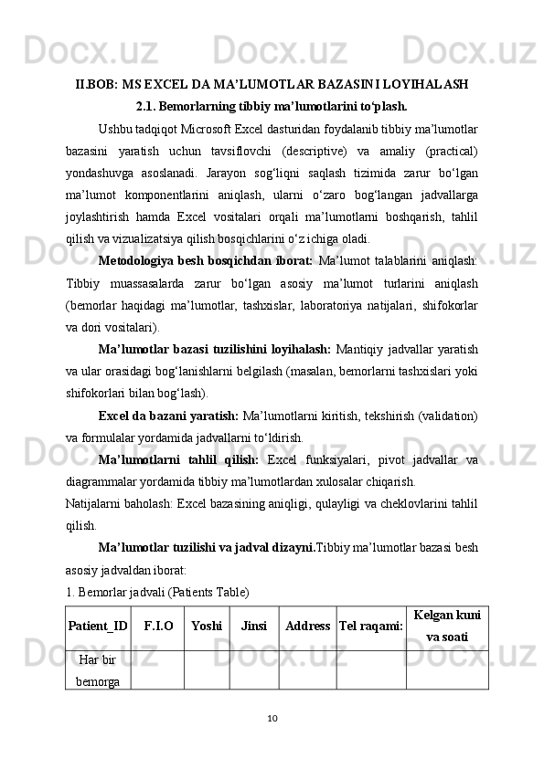 II.BOB: MS EXCEL DA MA’LUMOTLAR BAZASINI LOYIHALASH
2.1.  Bemorlarning tibbiy ma’lumotlarini to‘plash.
Ushbu tadqiqot Microsoft Excel dasturidan foydalanib tibbiy ma’lumotlar
bazasini   yaratish   uchun   tavsiflovchi   (descriptive)   va   amaliy   (practical)
yondashuvga   asoslanadi.   Jarayon   sog‘liqni   saqlash   tizimida   zarur   bo‘lgan
ma’lumot   komponentlarini   aniqlash,   ularni   o‘zaro   bog‘langan   jadvallarga
joylashtirish   hamda   Excel   vositalari   orqali   ma’lumotlarni   boshqarish,   tahlil
qilish va vizualizatsiya qilish bosqichlarini o‘z ichiga oladi.
Metodologiya   besh   bosqichdan   iborat:   Ma’lumot   talablarini   aniqlash:
Tibbiy   muassasalarda   zarur   bo‘lgan   asosiy   ma’lumot   turlarini   aniqlash
(bemorlar   haqidagi   ma’lumotlar,   tashxislar,   laboratoriya   natijalari,   shifokorlar
va dori vositalari).
Ma’lumotlar   bazasi   tuzilishini   loyihalash:   Mantiqiy   jadvallar   yaratish
va ular orasidagi bog‘lanishlarni belgilash (masalan, bemorlarni tashxislari yoki
shifokorlari bilan bog‘lash).
Excel da bazani yaratish:  Ma’lumotlarni kiritish, tekshirish (validation)
va formulalar yordamida jadvallarni to‘ldirish.
Ma’lumotlarni   tahlil   qilish:   Excel   funksiyalari,   pivot   jadvallar   va
diagrammalar yordamida tibbiy ma’lumotlardan xulosalar chiqarish.
Natijalarni baholash: Excel bazasining aniqligi, qulayligi va cheklovlarini tahlil
qilish.
Ma’lumotlar tuzilishi va jadval dizayni . Tibbiy ma’lumotlar bazasi besh
asosiy jadvaldan iborat:
1. Bemorlar jadvali (Patients Table)
Patient_ID F.I.O Yoshi Jinsi Address Tel raqami: Kelgan kuni
va soati
Har bir
bemorga
10 