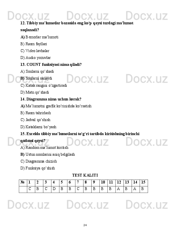 12. Tibbiy ma’lumotlar bazasida eng ko‘p qaysi turdagi ma’lumot 
saqlanadi?
A)  Bemorlar ma’lumoti
B) Rasm fayllari
C) Video lavhalar
D) Audio yozuvlar
13. COUNT funksiyasi nima qiladi?
A) Sonlarni qo‘shadi
B)  Sonlarni sanaydi
C) Katak rangini o‘zgartiradi
D) Matn qo‘shadi
14. Diagramma nima uchun kerak?
A)  Ma’lumotni grafik ko‘rinishda ko‘rsatish
B) Rasm tahrirlash
C) Jadval qo‘shish
D) Kataklarni bo‘yash
15. Excelda tibbiy ma’lumotlarni to‘g‘ri tartibda kiritishning birinchi 
qadami qaysi?
A) Random ma’lumot kiritish
B)  Ustun nomlarini aniq belgilash
C) Diagramma chizish
D) Funksiya qo‘shish
TEST KALITI
№ 1 2 3 4 5 6 7 8 9 10 11 12 13 14 15
C B C D B B C B B B B A B A B
24 