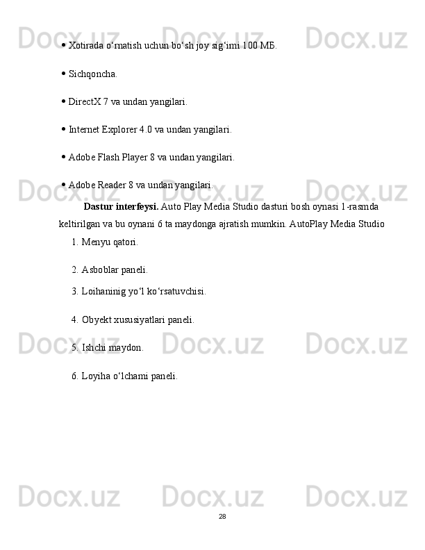    Xotirada o‘rnatish uchun bo‘sh joy sig‘imi 100  МБ .
   Sichqoncha.
   DirectX 7 va undan yangilari.
   Internet Explorer 4.0 va undan yangilari.
   Adobe Flash Player 8 va undan yangilari.
   Adobe Reader 8 va undan yangilari.
Dastur interfeysi.  Auto Play Media Studio dasturi bosh oynasi 1-rasmda 
keltirilgan va bu oynani 6 ta maydonga ajratish mumkin. AutoPlay Media Studio
1.   Menyu qatori.
2.   Asboblar paneli.
3.   Loihaninig yo‘l ko‘rsatuvchisi.
4.   Obyekt xususiyatlari paneli.
5.   Ishchi maydon.
6.   Loyiha o‘lchami paneli.
28 
