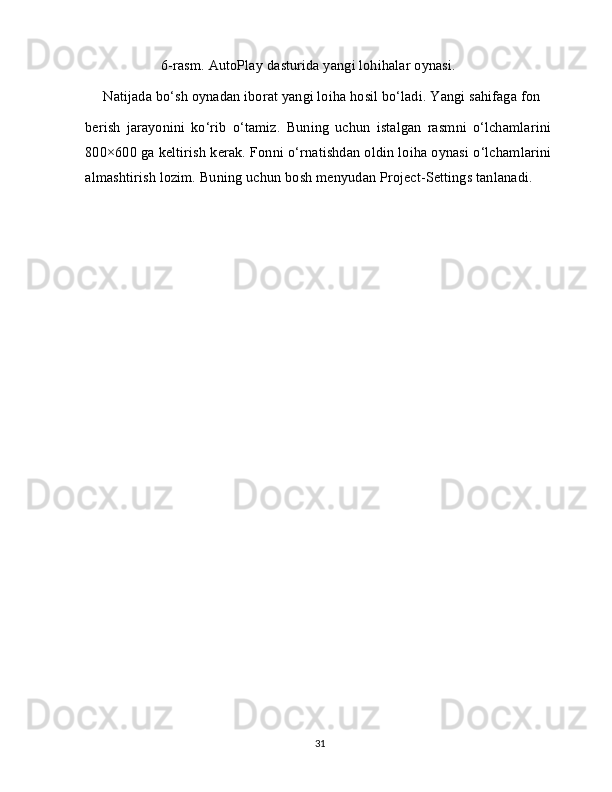                 6-rasm. AutoPlay dasturida yangi lohihalar oynasi.
Natijada bo‘sh oynadan iborat yangi loiha hosil bo‘ladi. Yangi sahifaga fon
berish   jarayonini   ko‘rib   o‘tamiz.   Buning   uchun   istalgan   rasmni   o‘lchamlarini
800×600 ga keltirish kerak. Fonni o‘rnatishdan oldin loiha oynasi o‘lchamlarini
almashtirish lozim. Buning uchun bosh menyudan Project-Settings tanlanadi.
31 
