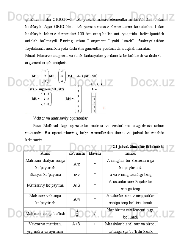 qilishdan   oldin   ORIGIN≡0     deb   yozsak   massiv   elementlarini   tartiblashni   0   dan
boshlaydi.   Agar   ORIGIN≡1     deb   yozsak   massiv   elementlarini   tartiblashni   1   dan
boshlaydi.  Massiv   elementlari   100  dan  ortiq  bo’lsa  uni    yuqorida    keltirilganidek
aniqlab   bo’lmaydi.   Buning   uchun   “   augment   ”   yoki   “stack”     funksiyalaridan
foydalanish mumkin yoki diskret argumentlar yordamida aniqlash mumkin.
Misol: Massivni augment va stack funksiyalari yordamida birlashtirish va diskret 
argument orqali aniqlash.
Vektor va matrisaviy operatorlar.
Bazi   Mathcad   dagi   operatorlar   matrisa   va   vektorlarni   o’zgartirish   uchun
muhimdir.   Bu   operatorlarning   ko’pi   simvollardan   iborat   va   jadval   ko’rinishda
keltiramiz
2.1-jadval. Simvollar ifodalanishi.
Amal ko’rinishi klavish manosi
Matrisani skalyar songa
ko’paytirish A•n * A ning har bir elementi n ga
ko’paytiriladi
Skalyar ko’paytma u•v * u va v ning uzunligi teng
Matrisaviy ko’paytma A•B * A ustunlar soni B qatorlar
soniga teng
Matrisani vektorga
ko’paytirish A•v * A ustunlar soni v ning satrlar
soniga teng bo’lishi kerak
Matrisani songa bo’lishA
n / Har bir massiv lementi n ga
bo’linadi
Vektor va matrisani
yig’indisi va ayirmasi A+B, + Massivlar bir xil satr va bir xil
ustunga ega bo’lishi kerak 