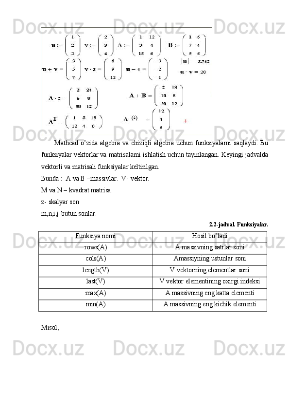 Mathcad  o’zida  algebra  va  chiziqli  algebra  uchun funksiyalarni   saqlaydi.  Bu
funksiyalar vektorlar va matrisalarni ishlatish uchun tayinlangan. Keyingi jadvalda
vektorli va matrisali funksiyalar keltirilgan.
Bunda :  A va B –massivlar.  V- vektor.
M va N – kvadrat matrisa.
z- skalyar son 
m,n,i,j-butun sonlar.
2.2-jadval. Funksiyalar.
Funksiya nomi Hosil bo’ladi
rows(A) A massivning satrlar soni
cols(A) Amassiyning ustunlar soni
length(V) V vektorning elementlar soni
last(V) V vektor elementining oxirgi indeksi
max(A) A massivning eng katta elementi
min(A) A massivning eng kichik elementi
Misol, 