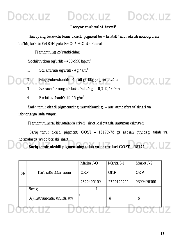  
Tayyor mahsulot tavsifi
   Sariq rang beruvchi temir oksidli pigment bu – kristall temir oksidi monogidrati 
bo’lib, tarkibi FeOOH yoki Fe
2 O
3  * H
2 O dan iborat. 
         Pigmentning ko’rsatkichlari 
 Sochiluvchan og’irlik - 420-550 kg/m 3
 
1. Solishtirma og’irlik - 4g / sm 3
 
2. Moy yutuvchanlik - 40-60 g/100g pigment uchun 
3. Zarrachalarning o’rtacha kattaligi – 0,2 -0,6 mkm 
4. Berkituvchanlik 10-15 g/m 2
 
 Sariq temir oksidi pigmentning mustahkamligi – nur, atmosfera ta’sirlari va 
ishqorlarga juda yuqori. 
  Pigment mineral kislotalarda eriydi, sirka kislotasida umuman erimaydi. 
  Sariq   temir   oksidi   pigmenti   GOST   –   18172-76   ga   asosan   quyidagi   talab   va
normalarga javob berishi shart. 
   Sariq temir oksidli pigmentning talab va normalari GOST – 18172 
 
  №  
  Ko’rsatkichlar nomi  Marka J-O 
OKP-
2322420102  Marka J-1 
OKP-
2322420200  Marka J-2 
OKP-
2322420300 
 Rangi: 
A) instrumental usulda suv   l
6   
 6   
  6 
  13   