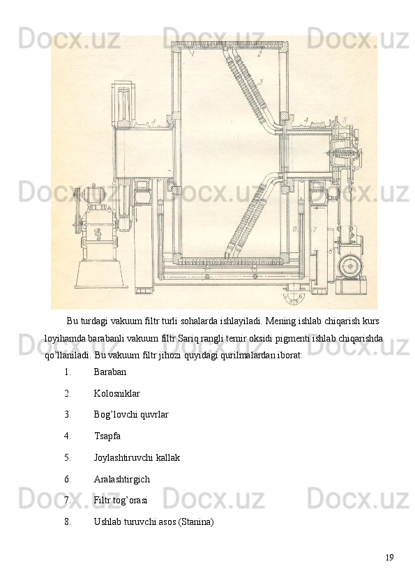  Bu turdagi vakuum filtr turli sohalarda ishlayiladi. Mening ishlab chiqarish kurs 
loyihamda barabanli vakuum filtr Sariq rangli temir oksidi pigmenti ishlab chiqarishda 
qo’llaniladi.  Bu vakuum filtr jihozi quyidagi qurilmalardan iborat: 
1. Baraban 
2. Kolosniklar 
3. Bog’lovchi quvrlar 
4. Tsapfa 
5. Joylashtiruvchi kallak 
6. Aralashtirgich 
7. Filtr tog’orasi 
8. Ushlab turuvchi asos (Stanina) 
  19   