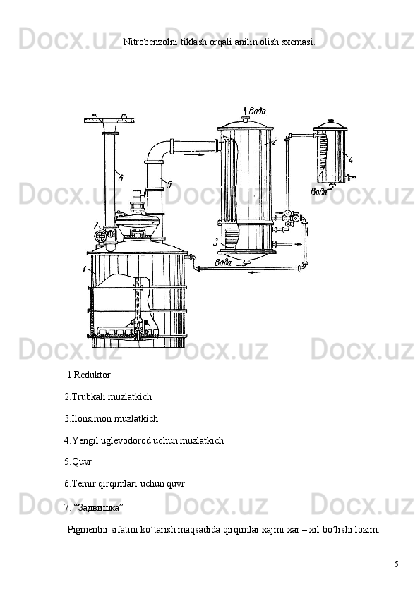 Nitrobenzolni tiklash orqali anilin olish sxemasi. 
 
 1.Reduktor 
2.Trubkali muzlatkich 
3.Ilonsimon muzlatkich 
4.Yengil uglevodorod uchun muzlatkich 
5.Quvr 
6.Temir qirqimlari uchun quvr 
7. “Задвишка” 
 Pigmentni sifatini ko’tarish maqsadida qirqimlar xajmi xar – xil bo’lishi lozim. 
  5   