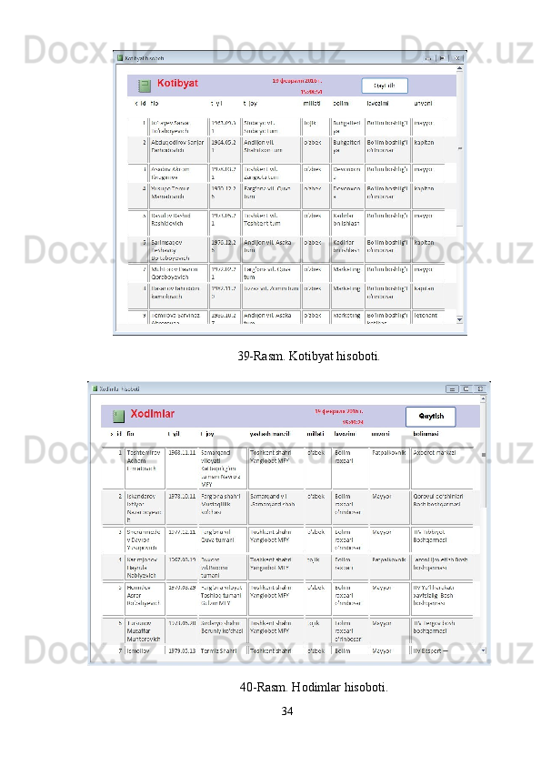          39-Rasm. Kotibyat hisoboti. 
         40-Rasm. Hodimlar hisoboti. 
34  
  