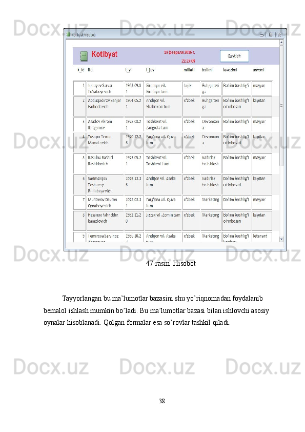 47-rasm. Hisobot 
 
Tayyorlangan bu ma’lumotlar bazasini shu yo’riqnomadan foydalanib 
bemalol ishlash mumkin bo’ladi. Bu ma’lumotlar bazasi bilan ishlovchi asosiy 
oynalar hisoblanadi. Qolgan formalar esa so’rovlar tashkil qiladi.  
 
 
38  
  