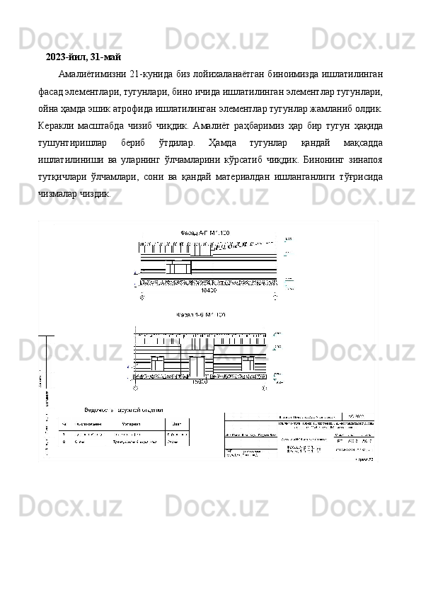    2023-йил, 31-май
Амалиётимизни 21-кунида   биз лойихаланаётган биноимизда ишлатилинган
фасад элементлари, тугунлари, бино ичида ишлатилинган элементлар тугунлари,
ойна  ҳ амда эшик атрофида ишлатилинган элементлар тугунлар жамланиб олдик.
Керакли   масштабда   чизиб   чиқдик.   Амалиёт   ра ҳ баримиз   ҳ ар   бир   тугун   ҳ ақида
тушунтиришлар   бериб   ўтдилар.   Ҳамда   тугунлар   қандай   мақсадда
ишлатилиниши   ва   уларнинг   ўлчамларини   кўрсатиб   чиқдик.   Бинонинг   зинапоя
тутқичлари   ўлчамлари,   сони   ва   қандай   материалдан   ишланганлиги   тўғрисида
чизмалар чиздик. 