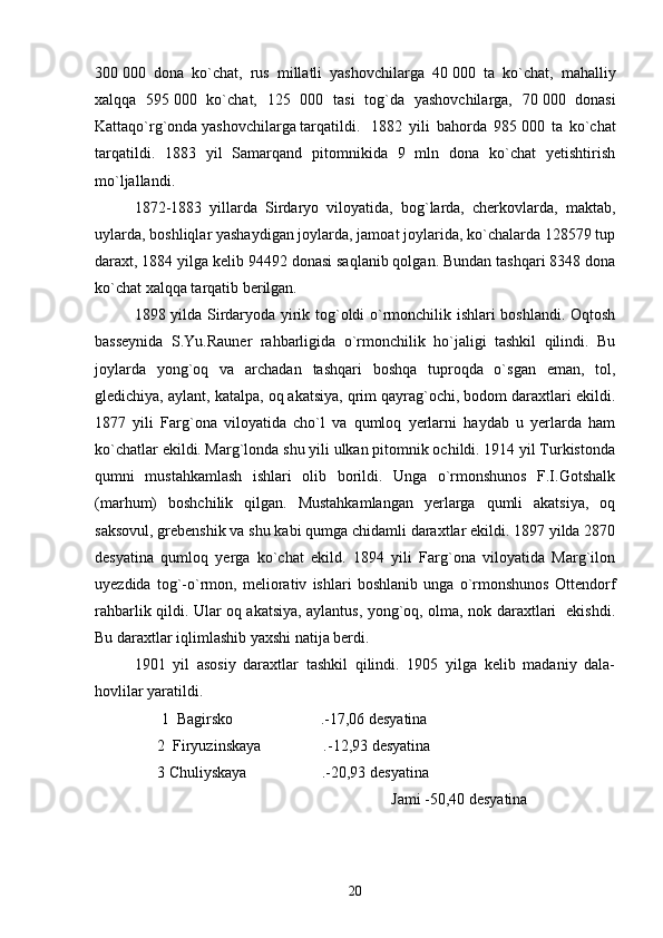 300   000   dona   ko`chat,   rus   millatli   yashovchilarga   40   000   ta   ko`chat,   mahalliy
xalqqa   595   000   ko`chat,   125   000   tasi   tog`da   yashovchilarga,   70   000   donasi
Kattaqo`rg`onda yashovchilarga tarqatildi.  1882   yili   bahorda   985   000   ta   ko`chat
tarqatildi.   1883   yil   Samarqand   pitomnikida   9   mln   dona   ko`chat   yetishtirish
mo`ljallandi.
1872-1883   yillarda   Sirdaryo   viloyatida,   bog`larda,   cherkovlarda,   maktab,
uylarda, boshliqlar yashaydigan joylarda, jamoat joylarida, ko`chalarda 128579 tup
daraxt, 1884 yilga kelib 94492 donasi saqlanib qolgan. Bundan tashqari 8348 dona
ko`chat xalqqa tarqatib berilgan. 
1898 yilda Sirdaryoda yirik tog`oldi o`rmonchilik ishlari boshlandi. Oqtosh
basseynida   S.Yu.Rauner   rahbarligida   o`rmonchilik   ho`jaligi   tashkil   qilindi.   Bu
joylarda   yong`oq   va   archadan   tashqari   boshqa   tuproqda   o`sgan   eman,   tol,
gledichiya, aylant, katalpa, oq akatsiya, qrim qayrag`ochi, bodom daraxtlari ekildi.
1877   yili   Farg`ona   viloyatida   cho`l   va   qumloq   yerlarni   haydab   u   yerlarda   ham
ko`chatlar ekildi. Marg`londa shu yili ulkan pitomnik ochildi. 1914 yil Turkistonda
qumni   mustahkamlash   ishlari   olib   borildi.   Unga   o`rmonshunos   F.I.Gotshalk
(marhum)   boshchilik   qilgan.   Mustahkamlangan   yerlarga   qumli   akatsiya,   oq
saksovul, grebenshik va shu kabi qumga chidamli daraxtlar ekildi. 1897 yilda 2870
desyatina   qumloq   yerga   ko`chat   ekild.   1894   yili   Farg`ona   viloyatida   Marg`ilon
uyezdida   tog`-o`rmon,   meliorativ   ishlari   boshlanib   unga   o`rmonshunos   Ottendorf
rahbarlik qildi. Ular oq akatsiya, aylantus, yong`oq, olma, nok daraxtlari   ekishdi.
Bu daraxtlar iqlimlashib yaxshi natija berdi. 
1901   yil   asosiy   daraxtlar   tashkil   qilindi.   1905   yilga   kelib   madaniy   dala-
hovlilar yaratildi.
                 1  Bagirsko .-17,06 desyatina
                2  Firyuzinskaya .-12,93 desyatina	

                3 Chuliyskaya .-20,93 desyatina	

                                                                            Jami -50,40 desyatina   
                                                                                                            
20 