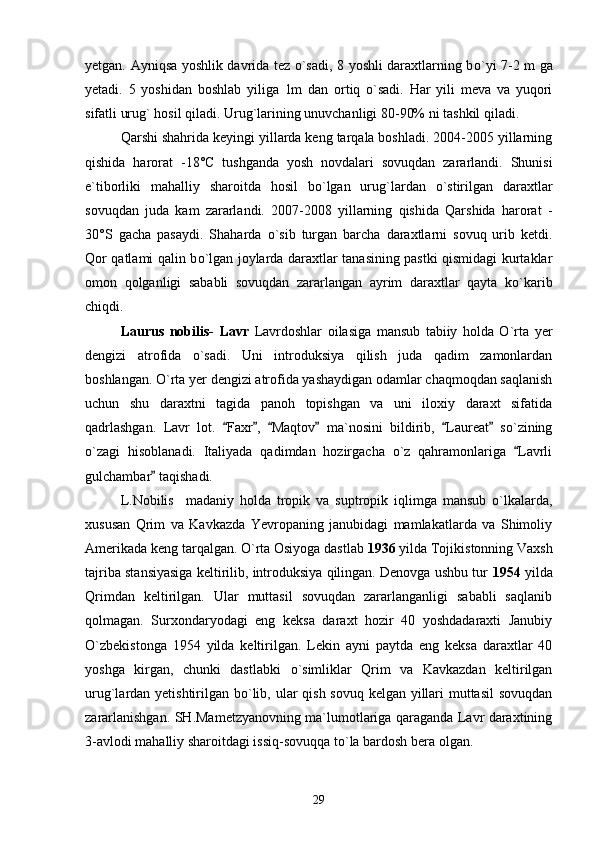 yetgan. Ayniqsa yoshlik davrida tez o`sadi, 8 yoshli daraxtlarning b о `yi 7-2 m ga
yetadi.   5   yoshidan   boshlab   yiliga   1m   dan   ortiq   o`sadi.   Har   yili   meva   va   yuqori
sifatli urug` hosil qiladi. Urug`larining unuvchanligi 80-90% ni tashkil qiladi.
Qarshi shahrida keyingi yillarda keng tarqala boshladi. 2004-2005 yillarning
qishida   harorat   -18°C   tushganda   yosh   novdalari   sovuqdan   zararlandi.   Shunisi
e`tiborliki   mahalliy   sharoitda   hosil   b о `lgan   urug`lardan   о `stirilgan   daraxtlar
sovuqdan   juda   kam   zararlandi.   2007-2008   yillarning   qishida   Qarshida   harorat   -
30°S   gacha   pasaydi.   Shaharda   о `sib   turgan   barcha   daraxtlarni   sovuq   urib   ketdi.
Qor qatlami qalin b о `lgan joylarda daraxtlar tanasining pastki qismidagi kurtaklar
omon   qolganligi   sababli   sovuqdan   zararlangan   ayrim   daraxtlar   qayta   k о `karib
chiqdi.
Laurus   nobilis-   Lavr   Lavrdoshlar   oilasiga   mansub   tabiiy   holda   O`rta   yer
dengizi   atrofida   o`sadi.   Uni   introduksiya   qilish   juda   qadim   zamonlardan
boshlangan. O`rta yer dengizi atrofida yashaydigan odamlar chaqmoqdan saqlanish
uchun   shu   daraxtni   tagida   panoh   topishgan   va   uni   iloxiy   daraxt   sifatida
qadrlashgan.   Lavr   lot.   Faxr ,   Maqtov   ma`nosini   bildirib,   Laureat   so`zining     
o`zagi   hisoblanadi.   Italiyada   qadimdan   hozirgacha   o`z   qahramonlariga   Lavrli	

gulchambar  taqishadi. 	

L.Nobilis     madaniy   holda   tropik   va   suptropik   iqlimga   mansub   o`lkalarda,
xususan   Qrim   va   Kavkazda   Yevropaning   janubidagi   mamlakatlarda   va   Shimoliy
Amerikada keng tarqalgan. O`rta Osiyoga dastlab  1936  yilda Tojikistonning Vaxsh
tajriba stansiyasiga keltirilib, introduksiya qilingan. Denovga ushbu tur   1954  yilda
Qrimdan   keltirilgan.   Ular   muttasil   sovuqdan   zararlanganligi   sababli   saqlanib
qolmagan.   Surxondaryodagi   eng   keksa   daraxt   hozir   40   yoshdadaraxti   Janubiy
О `zbekistonga   1954   yilda   keltirilgan.   Lekin   ayni   paytda   eng   keksa   daraxtlar   40
yoshga   kirgan,   chunki   dastlabki   о `simliklar   Qrim   va   Kavkazdan   keltirilgan
urug`lardan yetishtirilgan b о `lib, ular qish sovuq kelgan yillari  muttasil  sovuqdan
zararlanishgan. SH.Mametzyanovning ma`lumotlariga qaraganda Lavr daraxtining
3-avlodi mahalliy sharoitdagi issiq-sovuqqa t о `la bardosh bera olgan.
29 
