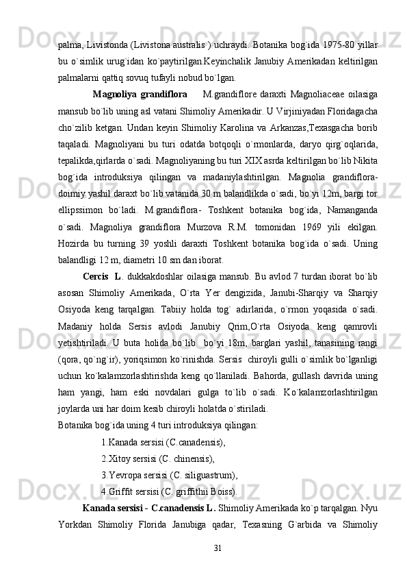 palma, Livistonda (Livistona australis ) uchraydi. Botanika bog`ida 1975-80 yillar
bu   o`simlik   urug`idan   ko`paytirilgan.Keyinchalik   Janubiy   Amerikadan   keltirilgan
palmalarni qattiq sovuq tufayli nobud bo`lgan.
                  Magnoliya   grandiflora     M.grandiflore   daraxti   Magnoliaceae   oilasiga
mansub bo`lib uning asl vatani Shimoliy Amerikadir. U Virjiniyadan Floridagacha
cho`zilib   ketgan.   Undan   keyin   Shimoliy   Karolina   va   Arkanzas,Texasgacha   borib
taqaladi.   Magnoliyani   bu   turi   odatda   botqoqli   o`rmonlarda,   daryo   qirg`oqlarida,
tepalikda,qirlarda o`sadi. Magnoliyaning bu turi XIX asrda keltirilgan bo`lib Nikita
bog`ida   introduksiya   qilingan   va   madaniylashtirilgan.   Magnolia   grandiflora-
doimiy yashil daraxt bo`lib vatanida 30 m balandlikda o`sadi, bo`yi 12m, bargi tor
ellipssimon   bo`ladi.   M.grandiflora-   Toshkent   botanika   bog`ida,   Namanganda
o`sadi.   Magnoliya   grandiflora   Murzova   R.M.   tomonidan   1969   yili   ekilgan.
Hozirda   bu   turning   39   yoshli   daraxti   Toshkent   botanika   bog`ida   o`sadi.   Uning
balandligi 12 m, diametri 10 sm dan iborat. 
Cercis   L . dukkakdoshlar oilasiga mansub. Bu avlod 7 turdan iborat bo`lib
asosan   Shimoliy   Amerikada,   O`rta   Yer   dengizida,   Janubi-Sharqiy   va   Sharqiy
Osiyoda   keng   tarqalgan.   Tabiiy   holda   tog`   adirlarida,   o`rmon   yoqasida   o`sadi.
Madaniy   holda   Sersis   avlodi   Janubiy   Qrim,O`rta   Osiyoda   keng   qamrovli
yetishtiriladi.   U   buta   holida   bo`lib     bo`yi   18m,   barglari   yashil,   tanasining   rangi
(qora, qo`ng`ir), yoriqsimon ko`rinishda. Sersis   chiroyli gulli o`simlik bo`lganligi
uchun   ko`kalamzorlashtirishda   keng   qo`llaniladi.   Bahorda,   gullash   davrida   uning
ham   yangi,   ham   eski   novdalari   gulga   to`lib   o`sadi.   Ko`kalamzorlashtirilgan
joylarda uni har doim kesib chiroyli holatda o`stiriladi.
Botanika bog`ida uning 4 turi introduksiya qilingan:
1.Kanada sersisi (C.canadensis),
2.Xitoy sersisi (C. chinensis),
3.Yevropa sersisi (C. siliguastrum),
4.Griffit sersisi (C. griffithii Boiss).
Kanada sersisi - C.canadensis L.  Shimoliy Amerikada ko`p tarqalgan. Nyu
Yorkdan   Shimoliy   Florida   Janubiga   qadar,   Texasning   G`arbida   va   Shimoliy
31 