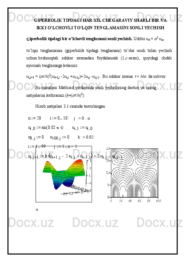 G I PERBO L IK TIPDAGI   HAR  X IL CHEGA R AVI Y  SH A RLI   B I R  V A
IK K I   O LCHOVʻ L I TO ' LQIN TENGL AM AS I NI SONLI   YECH I S H
G iper b o l i k   tipd a gi b i r o ʻ lc h ovli te n gla m ani   s o n li   yec h i s h.   U sh bu  u
tt   =   a 2  
u
xx
t o ’l qin   te n gla m asini   (g i pe rb olik   tipd a gi   tengla m ani)   t o ’ rlar   u s uli   bil a n   y echish
u c hun beshnu q tali   osh k o r   s x e m adan   f o y dal a nsak   ( 1, c -ras m ),   q u y i d agi   c h e k li
a y ir m ali te n gla m a g a  k ela m iz:
u
i , j +1   =   ( a τ
/ h ) 2
( u
i +1 , j   - 2 u
i , j   +u
i -1 ,j )+2 u
i , j   - u
i , j -1   .  Bu   oshkor sxe m a   τ
<   h / a   d a   us t i v o r.
Bu   m asalani   Mathc a d   y orda m ida   s onli   y echi s hning   d a stu r i   v a   uning  
n a tij a la r ini keltira m iz ( k =( a	
τ / h ) 2
) :
H i s o b   n a tija l ari 3.1- r as m d a  tasvirl an gan
uu	
n	20		i	0	100			j	0	n			
ui0	sin	0.02		i	(	)		ui1	ui0		
u0	j	0		u100	j	0		k	0.02		
i	1	99			j	1	n	1				
uij	1	k	ui	1	j	2	uij			ui	1	j					2	uij			uij	1		 