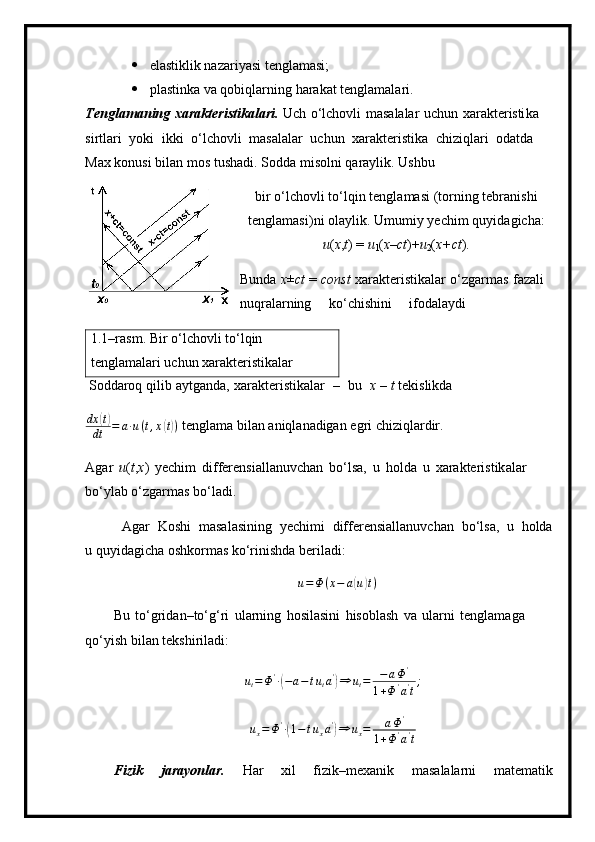  el a stik l ik   naz a ri y asi   t e n gla m asi;
 p l as tinka va   q o b i q l a r ni n g   ha r a k at   te ng la m ala r i.
Tengl a m a n ing   xar a kte ri sti ka lar i .   Uch   o ‘ lchovli   m asalalar   u c h u n   xar a kter isti ka 
si r tlari   y oki   ikki   o ‘ lc h ovli   m asal a lar   u c hun   xar a kt e r i st i ka   c h i z i q l ari   o da t da  
M a x konusi bilan   m o s  t us h ad i .   Sodda  m isolni   q a ra y lik.  U shbu
b i r   o ‘ lc ho vli  t o ‘ lq i n  t e n gla m asi   ( t o rn ing   t e br a ni s hi
te n gla m a si )ni  o la y lik.   U m u m i y   y ec h i m   q u yid a gi c ha:
u ( x , t )  =   u
1 ( x –ct )+ u
2 ( x +c t ).
Bunda   x ±
c t   =   const   xara k te r istik a lar   o ‘ z g a r m as   fazali 
nuqr a la r ni n g       ko ‘ c h ish in i       i f o d a la y di      
1.1–ras m . B i r o‘lchovli t o ‘l qin 
t e n gla m alari   uc h un xar a kter is tik a lar
 S o dda ro q   q ilib   a y tganda,   xa r a k te r i s tik a lar   –   bu   x   –   t  te k islikda
dx( t)
dt = a ∙ u ( t , x	( t) )  te n gla m a b i lan   aniql a n adiga n   e g ri  c hiz i qla r dir.
A g ar   u ( t , x )   y echim   d i f fer e nsi a l l a n uvc h an   bo ‘ l s a,   u   h o l da   u   xara k te r is t ik a l a r 
b o ‘ y lab o‘zgar m as   bo ‘ ladi.
A g ar   Koshi   m asa l as i n ing   y ec h i m i   diffe r ensi a l l a nu vch a n   bo ‘ lsa,   u   holda
u q u y ida g i c ha oshkor m as   ko‘r i nishda   be r il ad i:
u = Φ ( x − a	
( u	) t )
Bu   t o ‘ gri d an–to‘g ‘ ri   u l a rn i ng   hosilasi n i   hisobla s h   v a   ularni   t e n g l a m a g a  
qo ‘ y i s h bil a n   t ek shi r il ad i:
u
t = Φ '
∙	
( − a − t u
t a '	)
⇒ u
t = − a Φ '
1 + Φ '
a '
t ;
u
x = Φ '
∙	
( 1 − t u
x a '	)
⇒ u
x = a Φ '
1 + Φ '
a '
t
F i z i k   j a r ayon l a r .   H a r   xi l   f iz i k – m e x anik   m a s al a la r ni   m at e m atik 