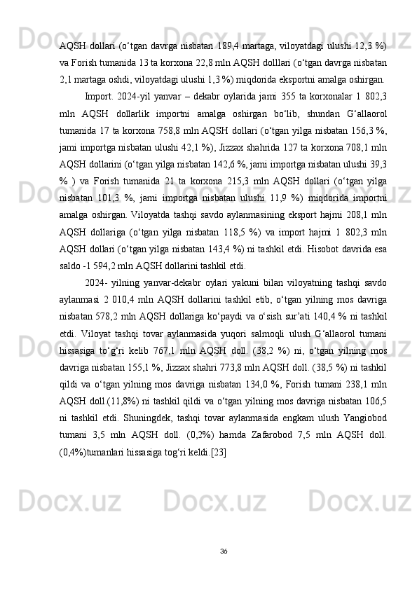 AQSH dollari  (o‘tgan  davrga  nisbatan   189,4 martaga,  viloyatdagi  ulushi   12,3 %)
va Forish tumanida 13 ta korxona 22,8 mln AQSH dolllari (o‘tgan davrga nisbatan
2,1 martaga oshdi, viloyatdagi ulushi 1,3 %) miqdorida eksportni amalga oshirgan.
Import.   2024-yil   yanvar   –   dekabr   oylarida   jami   355   ta   korxonalar   1   802,3
mln   AQSH   dollarlik   importni   amalga   oshirgan   bo‘lib,   shundan   G‘allaorol
tumanida 17 ta korxona 758,8 mln AQSH dollari (o‘tgan yilga nisbatan 156,3 %,
jami importga nisbatan ulushi 42,1 %), Jizzax shahrida 127 ta korxona 708,1 mln
AQSH dollarini (o‘tgan yilga nisbatan 142,6 %, jami importga nisbatan ulushi 39,3
%   )   va   Forish   tumanida   21   ta   korxona   215,3   mln   AQSH   dollari   (o‘tgan   yilga
nisbatan   101,3   %,   jami   importga   nisbatan   ulushi   11,9   %)   miqdorida   importni
amalga   oshirgan.   Viloyatda   tashqi   savdo   aylanmasining   eksport   hajmi   208,1   mln
AQSH   dollariga   (o‘tgan   yilga   nisbatan   118,5   %)   va   import   hajmi   1   802,3   mln
AQSH dollari (o‘tgan yilga nisbatan 143,4 %) ni tashkil etdi. Hisobot davrida esa
saldo -1 594,2 mln AQSH dollarini tashkil etdi. 
2024-   yilning   yanvar-dekabr   oylari   yakuni   bilan   viloyatning   tashqi   savdo
aylanmasi   2   010,4   mln   AQSH   dollarini   tashkil   etib,   o‘tgan   yilning   mos   davriga
nisbatan 578,2 mln AQSH dollariga ko‘paydi va o‘sish sur’ati 140,4 % ni tashkil
etdi.   Viloyat   tashqi   tovar   aylanmasida   yuqori   salmoqli   ulush   G‘allaorol   tumani
hissasiga   to‘g‘ri   kelib   767,1   mln   AQSH   doll.   (38,2   %)   ni,   o‘tgan   yilning   mos
davriga nisbatan 155,1 %, Jizzax shahri 773,8 mln AQSH doll. (38,5 %) ni tashkil
qildi   va   o‘tgan   yilning   mos   davriga   nisbatan   134,0   %,   Forish   tumani   238,1   mln
AQSH doll.(11,8%)  ni  tashkil  qildi va o‘tgan yilning mos davriga nisbatan  106,5
ni   tashkil   etdi.   Shuningdek,   tashqi   tovar   aylanmasida   engkam   ulush   Yangiobod
tumani   3,5   mln   AQSH   doll.   (0,2%)   hamda   Zafarobod   7,5   mln   AQSH   doll.
(0,4%)tumanlari hissasiga tog‘ri keldi.[23]
36 
