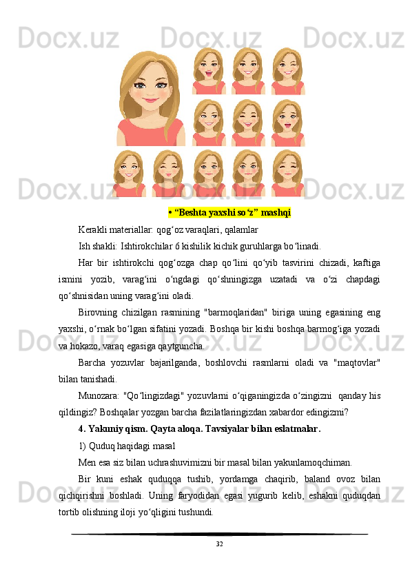                  
• “Beshta yaxshi so z” mashqiʻ
Kerakli materiallar: qog oz varaqlari, qalamlar	
ʻ
Ish shakli: Ishtirokchilar 6 kishilik kichik guruhlarga bo linadi.	
ʻ
Har   bir   ishtirokchi   qog ozga   chap   qo lini   qo yib   tasvirini   chizadi,   kaftiga	
ʻ ʻ ʻ
ismini   yozib,   varag ini   o ngdagi   qo shningizga   uzatadi   va   o zi   chapdagi	
ʻ ʻ ʻ ʻ
qo shnisidan uning varag ini oladi.	
ʻ ʻ
Birovning   chizilgan   rasmining   "barmoqlaridan"   biriga   uning   egasining   eng
yaxshi, o rnak bo lgan sifatini yozadi. Boshqa bir kishi boshqa barmog iga yozadi	
ʻ ʻ ʻ
va hokazo, varaq egasiga qaytguncha.
Barcha   yozuvlar   bajarilganda,   boshlovchi   rasmlarni   oladi   va   "maqtovlar"
bilan tanishadi.
Munozara: "Qo lingizdagi" yozuvlarni o qiganingizda o zingizni   qanday his	
ʻ ʻ ʻ
qildingiz? Boshqalar yozgan barcha fazilatlaringizdan xabardor edingizmi?
4. Yakuniy qism. Qayta aloqa. Tavsiyalar bilan eslatmalar.
1) Quduq haqidagi masal
Men esa siz bilan uchrashuvimizni bir masal bilan yakunlamoqchiman.
Bir   kuni   eshak   quduqqa   tushib,   yordamga   chaqirib,   baland   ovoz   bilan
qichqirishni   boshladi.   Uning   faryodidan   egasi   yugurib   kelib,   eshakni   quduqdan
tortib olishning iloji yo qligini tushundi.	
ʻ
32 