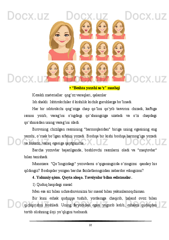 • “Beshta yaxshi so z” mashqiʻ
Kerakli materiallar: qog oz varaqlari, qalamlar	
ʻ
Ish shakli: Ishtirokchilar 6 kishilik kichik guruhlarga bo linadi.	
ʻ
Har   bir   ishtirokchi   qog ozga   chap   qo lini   qo yib   tasvirini   chizadi,   kaftiga	
ʻ ʻ ʻ
ismini   yozib,   varag ini   o ngdagi   qo shningizga   uzatadi   va   o zi   chapdagi	
ʻ ʻ ʻ ʻ
qo shnisidan uning varag ini oladi.	
ʻ ʻ
Birovning   chizilgan   rasmining   "barmoqlaridan"   biriga   uning   egasining   eng
yaxshi, o rnak bo lgan sifatini yozadi. Boshqa bir kishi boshqa barmog iga yozadi	
ʻ ʻ ʻ
va hokazo, varaq egasiga qaytguncha.
Barcha   yozuvlar   bajarilganda,   boshlovchi   rasmlarni   oladi   va   "maqtovlar"
bilan tanishadi.
Munozara: "Qo lingizdagi" yozuvlarni o qiganingizda o zingizni   qanday his	
ʻ ʻ ʻ
qildingiz? Boshqalar yozgan barcha fazilatlaringizdan xabardor edingizmi?
4. Yakuniy qism. Qayta aloqa. Tavsiyalar bilan eslatmalar.
1) Quduq haqidagi masal
Men esa siz bilan uchrashuvimizni bir masal bilan yakunlamoqchiman.
Bir   kuni   eshak   quduqqa   tushib,   yordamga   chaqirib,   baland   ovoz   bilan
qichqirishni   boshladi.   Uning   faryodidan   egasi   yugurib   kelib,   eshakni   quduqdan
tortib olishning iloji yo qligini tushundi.	
ʻ
32