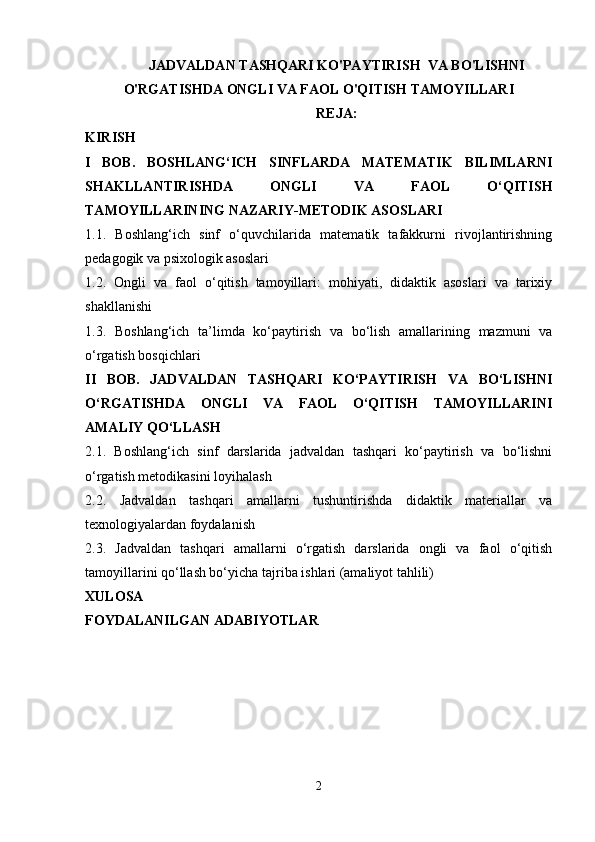 JADVALDAN TASHQARI KO'PAYTIRISH  VA BO'LISHNI
O'RGATISHDA ONGLI VA FAOL O'QITISH TAMOYILLARI
REJA:
KIRISH
I   BOB.   BOSHLANG‘ICH   SINFLARDA   MATEMATIK   BILIMLARNI
SHAKLLANTIRISHDA   ONGLI   VA   FAOL   O‘QITISH
TAMOYILLARINING NAZARIY-METODIK ASOSLARI
1.1.   Boshlang‘ich   sinf   o‘quvchilarida   matematik   tafakkurni   rivojlantirishning
pedagogik va psixologik asoslari
1.2.   Ongli   va   faol   o‘qitish   tamoyillari:   mohiyati,   didaktik   asoslari   va   tarixiy
shakllanishi
1.3.   Boshlang‘ich   ta’limda   ko‘paytirish   va   bo‘lish   amallarining   mazmuni   va
o‘rgatish bosqichlari
II   BOB.   JADVALDAN   TASHQARI   KO‘PAYTIRISH   VA   BO‘LISHNI
O‘RGATISHDA   ONGLI   VA   FAOL   O‘QITISH   TAMOYILLARINI
AMALIY QO‘LLASH
2.1.   Boshlang‘ich   sinf   darslarida   jadvaldan   tashqari   ko‘paytirish   va   bo‘lishni
o‘rgatish metodikasini loyihalash
2.2.   Jadvaldan   tashqari   amallarni   tushuntirishda   didaktik   materiallar   va
texnologiyalardan foydalanish
2.3.   Jadvaldan   tashqari   amallarni   o‘rgatish   darslarida   ongli   va   faol   o‘qitish
tamoyillarini qo‘llash bo‘yicha tajriba ishlari (amaliyot tahlili)
XULOSA
FOYDALANILGAN ADABIYOTLAR
2 