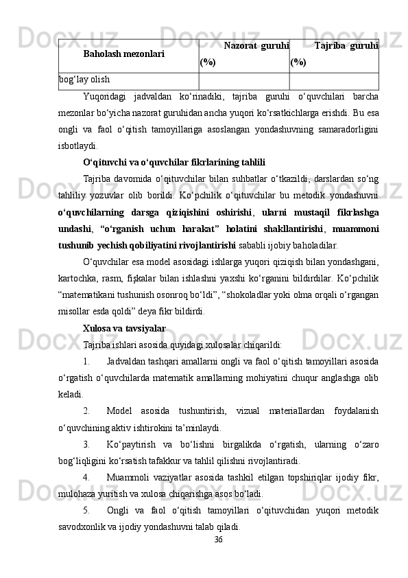 Baholash mezonlari Nazorat   guruhi
(%) Tajriba   guruhi
(%)
bog‘lay olish
Yuqoridagi   jadvaldan   ko‘rinadiki,   tajriba   guruhi   o‘quvchilari   barcha
mezonlar bo‘yicha nazorat guruhidan ancha yuqori ko‘rsatkichlarga erishdi.  Bu esa
ongli   va   faol   o‘qitish   tamoyillariga   asoslangan   yondashuvning   samaradorligini
isbotlaydi.
O‘qituvchi va o‘quvchilar fikrlarining tahlili
Tajriba   davomida   o‘qituvchilar   bilan   suhbatlar   o‘tkazildi,   darslardan   so‘ng
tahliliy   yozuvlar   olib   borildi.   Ko‘pchilik   o‘qituvchilar   bu   metodik   yondashuvni
o‘quvchilarning   darsga   qiziqishini   oshirishi ,   ularni   mustaqil   fikrlashga
undashi ,   “o‘rganish   uchun   harakat”   holatini   shakllantirishi ,   muammoni
tushunib yechish qobiliyatini rivojlantirishi  sababli ijobiy baholadilar.
O‘quvchilar esa model asosidagi ishlarga yuqori qiziqish bilan yondashgani,
kartochka,   rasm,   fişkalar   bilan   ishlashni   yaxshi   ko‘rganini   bildirdilar.   Ko‘pchilik
“matematikani tushunish osonroq bo‘ldi”, “shokoladlar yoki olma orqali o‘rgangan
misollar esda qoldi” deya fikr bildirdi.
Xulosa va tavsiyalar
Tajriba ishlari asosida quyidagi xulosalar chiqarildi:
1. Jadvaldan tashqari amallarni ongli va faol o‘qitish tamoyillari asosida
o‘rgatish   o‘quvchilarda   matematik   amallarning   mohiyatini   chuqur   anglashga   olib
keladi.
2. Model   asosida   tushuntirish,   vizual   materiallardan   foydalanish
o‘quvchining aktiv ishtirokini ta’minlaydi.
3. Ko‘paytirish   va   bo‘lishni   birgalikda   o‘rgatish,   ularning   o‘zaro
bog‘liqligini ko‘rsatish tafakkur va tahlil qilishni rivojlantiradi.
4. Muammoli   vaziyatlar   asosida   tashkil   etilgan   topshiriqlar   ijodiy   fikr,
mulohaza yuritish va xulosa chiqarishga asos bo‘ladi.
5. Ongli   va   faol   o‘qitish   tamoyillari   o‘qituvchidan   yuqori   metodik
savodxonlik va ijodiy yondashuvni talab qiladi.
36 