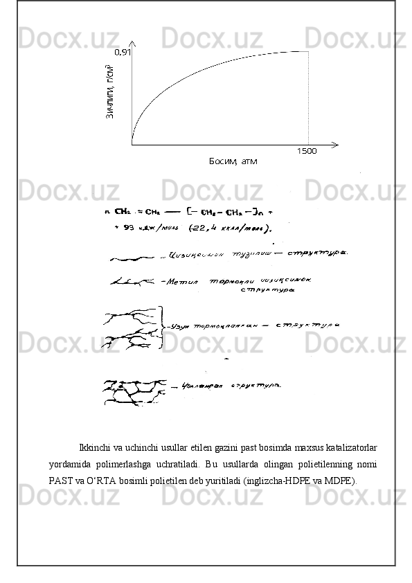 Ikkinchi va uchinchi usullar etilen gazini past bosimda maxsus katalizatorlar
yordamida   polimerlashga   uchratiladi.   Bu   usullarda   olingan   polietilenning   nomi
PAST va O‘RTA bosimli polietilen deb yuritiladi (inglizcha-HDPE va MDPE). 