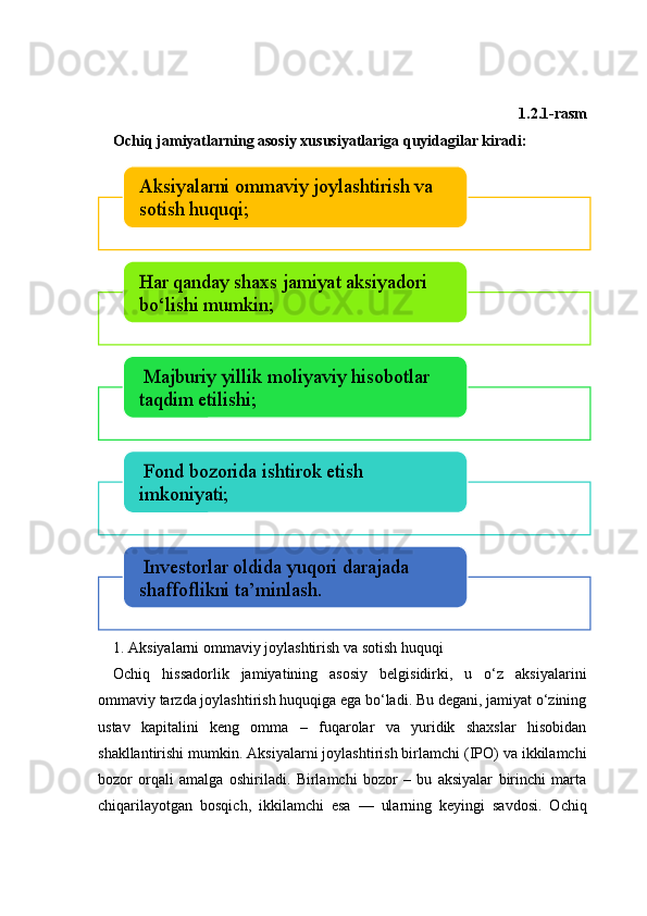 1.2.1-rasm
Ochiq jamiyatlarning asosiy xususiyatlariga quyidagilar kiradi:
1. Aksiyalarni ommaviy joylashtirish va sotish huquqi 
Ochiq   hissadorlik   jamiyatining   asosiy   belgisidirki,   u   o‘z   aksiyalarini
ommaviy tarzda joylashtirish huquqiga ega bo‘ladi. Bu degani, jamiyat o‘zining
ustav   kapitalini   keng   omma   –   fuqarolar   va   yuridik   shaxslar   hisobidan
shakllantirishi mumkin. Aksiyalarni joylashtirish birlamchi (IPO) va ikkilamchi
bozor   orqali   amalga   oshiriladi.   Birlamchi   bozor   –   bu   aksiyalar   birinchi   marta
chiqarilayotgan   bosqich,   ikkilamchi   esa   —   ularning   keyingi   savdosi.   OchiqAksiyalarni ommaviy joylashtirish va 
sotish huquqi;
Har qanday shaxs jamiyat aksiyadori 
bo‘lishi mumkin;
 Majburiy yillik moliyaviy hisobotlar 
taqdim etilishi;
 Fond bozorida ishtirok etish 
imkoniyati;
 Investorlar oldida yuqori darajada 
shaffoflikni ta’minlash. 