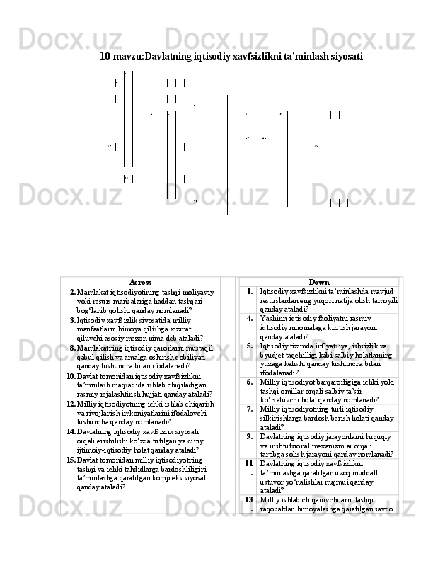 10-mavzu: Davlatning iqtisodiy xavfsizlikni ta’minlash siyosati
Across
2. Mamlakat iqtisodiyotining tashqi moliyaviy 
yoki resurs manbalariga haddan tashqari 
bog‘lanib qolishi qanday nomlanadi?
3. Iqtisodiy xavfsizlik siyosatida milliy 
manfaatlarni himoya qilishga xizmat 
qiluvchi asosiy mezon nima deb ataladi?
8. Mamlakatning iqtisodiy qarorlarni mustaqil 
qabul qilish va amalga oshirish qobiliyati 
qanday tushuncha bilan ifodalanadi?
10. Davlat tomonidan iqtisodiy xavfsizlikni 
ta’minlash maqsadida ishlab chiqiladigan 
rasmiy rejalashtirish hujjati qanday ataladi?
12. Milliy iqtisodiyotning ichki ishlab chiqarish
va rivojlanish imkoniyatlarini ifodalovchi 
tushuncha qanday nomlanadi?
14. Davlatning iqtisodiy xavfsizlik siyosati 
orqali erishilishi ko‘zda tutilgan yakuniy 
ijtimoiy-iqtisodiy holat qanday ataladi?
15. Davlat tomonidan milliy iqtisodiyotning 
tashqi va ichki tahdidlarga bardoshliligini 
ta’minlashga qaratilgan kompleks siyosat 
qanday ataladi?       Down
1. Iqtisodiy xavfsizlikni ta’minlashda mavjud 
resurslardan eng yuqori natija olish tamoyili 
qanday ataladi?
4. Yashirin iqtisodiy faoliyatni rasmiy 
iqtisodiy muomalaga kiritish jarayoni 
qanday ataladi?
5. Iqtisodiy tizimda inflyatsiya, ishsizlik va 
byudjet taqchilligi kabi salbiy holatlarning
yuzaga kelishi qanday tushuncha bilan 
ifodalanadi?
6. Milliy iqtisodiyot barqarorligiga ichki yoki
tashqi omillar orqali salbiy ta’sir 
ko‘rsatuvchi holat qanday nomlanadi?
7. Milliy iqtisodiyotning turli iqtisodiy 
silkinishlarga bardosh berish holati qanday
ataladi?
9. Davlatning iqtisodiy jarayonlarni huquqiy 
va institutsional mexanizmlar orqali 
tartibga solish jarayoni qanday nomlanadi?
11
. Davlatning iqtisodiy xavfsizlikni 
ta’minlashga qaratilgan uzoq muddatli 
ustuvor yo‘nalishlar majmui qanday 
ataladi?
13
. Milliy ishlab chiqaruvchilarni tashqi 
raqobatdan himoyalashga qaratilgan savdo 