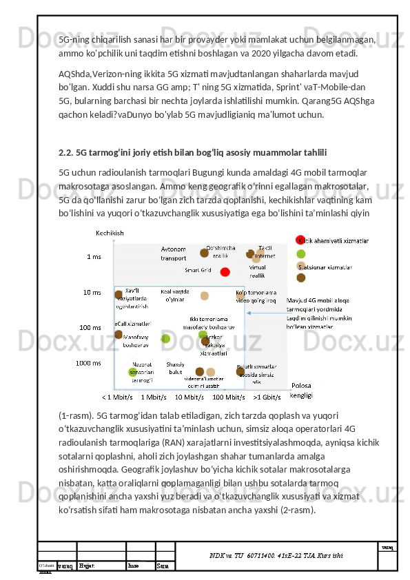 O’lcha m
mm m varaq Hujjat: Imzo
Sana  varaq
NDK va TU  60711400 .  41sE-22  TJA  Kurs ishi5G-ning chiqarilish sanasi har bir provayder yoki mamlakat uchun belgilanmagan, 
ammo ko'pchilik uni taqdim etishni boshlagan va 2020 yilgacha davom etadi.
AQShda,Verizon-ning ikkita 5G xizmati mavjudtanlangan shaharlarda mavjud 
bo'lgan. Xuddi shu narsa GG amp; T' ning 5G xizmatida, Sprint' vaT-Mobile-dan 
5G, bularning barchasi bir nechta joylarda ishlatilishi mumkin. Qarang5G AQShga 
qachon keladi?vaDunyo bo'ylab 5G mavjudligianiq ma'lumot uchun.
2.2. 5G tarmog‘ini joriy etish bilan bog‘liq asosiy muammolar tahlili
5G uchun radioulanish tarmoqlari Bugungi kunda amaldagi 4G mobil tarmoqlar 
makrosotaga asoslangan. Ammo keng geografik o‘rinni egallagan makrosotalar, 
5G da qo‘llanishi zarur bo‘lgan zich tarzda qoplanishi, kechikishlar vaqtining kam 
bo‘lishini va yuqori o‘tkazuvchanglik xususiyatiga ega bo‘lishini ta’minlashi qiyin 
(1-rasm). 5G tarmog‘idan talab etiladigan, zich tarzda qoplash va yuqori 
o‘tkazuvchanglik xususiyatini ta’minlash uchun, simsiz aloqa operatorlari 4G  
radioulanish tarmoqlariga (RAN) xarajatlarni investitsiyalashmoqda, ayniqsa kichik
sotalarni qoplashni, aholi zich joylashgan shahar tumanlarda amalga 
oshirishmoqda. Geografik joylashuv bo‘yicha kichik sotalar makrosotalarga 
nisbatan, katta oraliqlarni qoplamaganligi bilan ushbu sotalarda tarmoq 
qoplanishini ancha yaxshi yuz beradi va o‘tkazuvchanglik xususiyati va xizmat 
ko‘rsatish sifati ham makrosotaga nisbatan ancha yaxshi (2-rasm). 