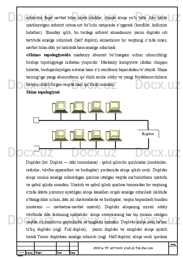 O’lcha m
mm m varaq Hujjat: Imzo
Sana  varaq
NDK va TU  60711400 .  41sE-22  TJA  Kurs ishiaxborotni   faqat   navbat   bilan   uzata   oladilar,   chunki   aloqa   yо‘li   bitta.   Aks   holda
uzatilayotgan   axborot   ustma-ust   bо‘lishi   natijasida   о‘zgaradi   (konflikt,   kolliziya
holatlari).   Shunday   qilib,   bu   turdagi   axborot   almashinuvi   yarim   dupleks   ish
tartibida   amalga   oshiriladi   (half   duplex),   almashinuv   bir   vaqtning   о‘zida   emas,
navbat bilan ikki yо‘nalishda ham amalga oshiriladi.
«Shina»   topologiyasida   markaziy   abonent   bо‘lmagani   uchun   ishonchliligi
boshqa   topologiyaga   nisbatan   yuqoridir.   Markaziy   kompyuter   ishdan   chiqqan
holatda, boshqarilayotgan sistema ham о‘z vazifasini bajarishdan tо‘xtaydi. Shina
tarmog‘iga yangi abonentlarni qо‘shish ancha oddiy va yangi foydalanuvchilarni
tarmoq ishlab turgan vaqtda ham qо‘shish mumkin.
Shina topologiyasi
Dupleks (lat. Duplex — ikki tomonlama) - qabul qiluvchi qurilmalar (modemlar,
radiolar, telefon apparatlari va boshqalar) yordamida aloqa qilish usuli. Dupleks
aloqa usulini amalga oshiradigan qurilma istalgan vaqtda ma'lumotlarni  uzatishi
va qabul qilishi mumkin. Uzatish va qabul qilish qurilma tomonidan bir vaqtning
o'zida ikkita jismoniy ajratilgan aloqa kanallari orqali amalga oshiriladi (alohida
o'tkazgichlar uchun, ikki xil chastotalarda va boshqalar, vaqtni taqsimlash bundan
mustasno   —   navbatma-navbat   uzatish).   Dupleks   aloqaning   misoli   oddiy
telefonda   ikki   kishining   suhbatidir:   aloqa   sessiyasining   har   bir   tomoni   istalgan
vaqtda o'z muxbirini gaplashishi va tinglashi mumkin. Dupleks aloqa usuli ba'zan
to'liq   dupleks   (ingl.   Full-duplex);     yarim   dupleks   va   simpleks   aloqa   ajralib
turadi.Yarim   dupleksni   amalga   oshirish   (ingl.   Half-duplex)   aloqa   usuli   qurilma 