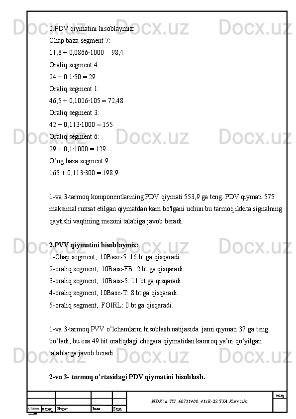 O’lcha m
mm m varaq Hujjat: Imzo
Sana  varaq
NDK va TU  60711400 .  41sE-22  TJA  Kurs ishi2.PDV qiymatini hisoblaymiz:
Chap baza segment 7:
11,8 + 0,0866∙1000 = 98,4
Oraliq segment 4:
24 + 0.1∙50 = 29
Oraliq segment 1:
46,5 + 0,1026∙105 = 72,48
Oraliq segment 3:
42 + 0,113∙1000 = 155
Oraliq segment 6:
29 + 0,1∙1000 = 129
O’ng baza segment 9:
165 + 0,113∙300 = 198,9
1-va 3-tarmoq komponentlarining PDV qiymati 553,9 ga teng. PDV qiymati 575 
maksimal ruxsat etilgan qiymatdan kam bo'lgani uchun bu tarmoq ikkita signalning
qaytishi vaqtining mezoni talabiga javob beradi.
2.PVV qiymatini hisoblaymiz:
1-Chap segment,  10Base-5: 16 bt ga qisqaradi.
2-oraliq segment,  10Base-FB: 2 bt ga qisqaradi.
3-oraliq segment,  10Base-5: 11 bt ga qisqaradi.
4-oraliq segment, 10Base-T: 8 bt ga qisqaradi.
5-oraliq segment,  FOIRL: 0 bt ga qisqaradi.
1-va 3-tarmoq PVV o’lchamlarni hisoblash natijasida  jami qiymati 37 ga teng 
bo’ladi, bu esa 49 bit oraliqdagi chegara qiymatidan kamroq ya’ni qo’yilgan 
talablarga javob beradi.
2-va 3- tarmoq o’rtasidagi PDV qiymatini hisoblash. 