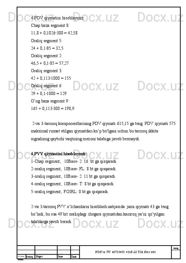 O’lcha m
mm m varaq Hujjat: Imzo
Sana  varaq
NDK va TU  60711400 .  41sE-22  TJA  Kurs ishi4.PDV qiymatini hisoblaymiz:
Chap baza segment 8:
11,8 + 0,1026∙300 = 42,58
Oraliq segment 5:
24 + 0,1∙85 = 32,5
Oraliq segment 2:
46,5 + 0,1∙85 = 57,27
Oraliq segment 3:
42 + 0,113∙1000 = 155
Oraliq segment 6:
29 + 0,1∙1000 = 129
O’ng baza segment 9:
165 + 0,113∙300 = 198,9
 2-va 3-tarmoq komponentlarining PDV qiymati 615,15 ga teng. PDV qiymati 575 
maksimal ruxsat etilgan qiymatdan ko’p bo'lgani uchun bu tarmoq ikkita 
signalning qaytishi vaqtining mezoni talabiga javob bermaydi.
4.PVV qiymatini hisoblaymiz:
1-Chap segment,   10Base- 2: 16  bt ga qisqaradi.
2-oraliq segment,  10Base- FL: 8 bt ga qisqaradi.
3-oraliq segment,  10Base- 2: 11 bt ga qisqaradi.
4-oraliq segment,  10Base- T: 8 bt ga qisqaradi.
5-oraliq segment,  FOIRL: 0 bt ga qisqaradi.
2-va 3-tarmoq PVV o’lchamlarni hisoblash natijasida  jami qiymati 43 ga teng 
bo’ladi, bu esa 49 bit oraliqdagi chegara qiymatidan kamroq ya’ni qo’yilgan 
talablarga javob beradi. 