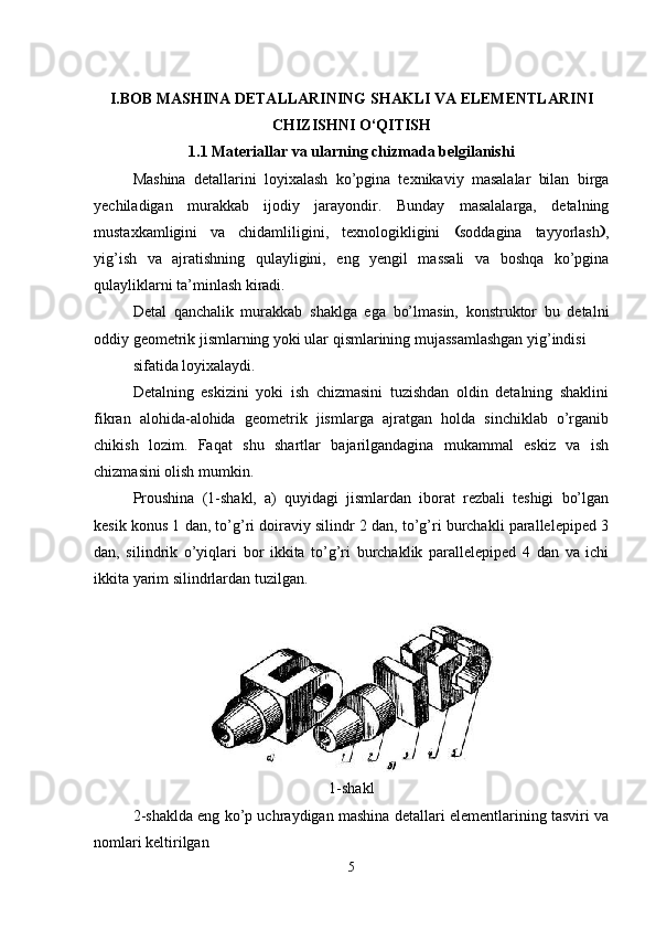 I.BOB  MASHINA DETALLARINING SHAKLI VA ELEMENTLARI NI
CHIZISHNI O‘QITISH
1.1 Materiallar va ularning chizmada belgilanishi
Mashina   detallarini   loyixalash   ko’pgina   texnikaviy   masalalar   bilan   birga
yechiladigan   murakkab   ijodiy   jarayondir.   Bunday   masalalarga,   detalning
mustaxkamligini   va   chidamliligini,   texnologikligini    soddagina   tayyorlash  ,
yig’ish   va   ajratishning   qulayligini,   eng   yengil   massali   va   boshqa   ko’pgina
qulayliklarni ta’minlash kiradi.
Detal   qanchalik   murakkab   shaklga   ega   bo’lmasin,   konstruktor   bu   detalni
oddiy geometrik jismlarning yoki ular qismlarining mujassamlashgan yig’indisi 
sifatida loyixalaydi.
Detalning   eskizini   yoki   ish   chizmasini   tuzishdan   oldin   detalning   shaklini
fikran   alohida-alohida   geometrik   jismlarga   ajratgan   holda   sinchiklab   o’rganib
chikish   lozim.   Faqat   shu   shartlar   bajarilgandagina   mukammal   eskiz   va   ish
chizmasini olish mumkin.
Proushina   (1 -shakl,   a )   q uyidagi   jismlardan   iborat   rezbali   teshigi   bo’lgan
kesik konus 1 dan, to’g’ri doiraviy silindr 2 dan, to’g’ri burchakli parallelepiped 3
dan,   silindrik   o’yiqlari   bor   ikkita   to’g’ri   burchaklik   parallelepiped   4   dan   va   ichi
ikkita yarim silindrlardan tuzilgan.
1-shakl
2-shaklda eng ko’p uchraydigan mashina detallari elementlarining tasviri va
nomlari keltirilgan
5 