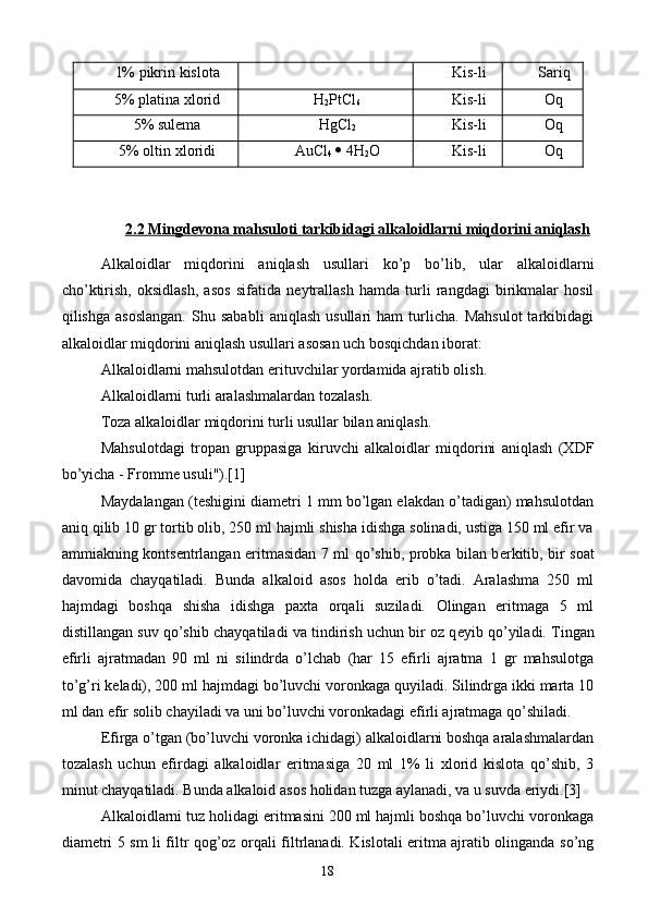 1% pikrin kislota Kis-li Sariq
5% platina xlorid H
2 PtCl
6 Kis-li Oq
5% sulema HgCl
2 Kis-li Oq
5% oltin xloridi AuCl
4     4H
2 O Kis-li Oq
2.2 Mingdevona mahsuloti tarkibidagi a    lkaloidlarni miqdorini aniqlash   
Alkaloidlar   miqdorini   aniqlash   usullari   ko’p   bo’lib,   ular   alkaloidlarni
cho’ktirish,   oksidlash,   asos   sifatida   n е ytrallash   hamda   turli   rangdagi   birikmalar   hosil
qilishga   asoslangan.   Shu   sababli   aniqlash   usullari   ham   turlicha.   Mahsulot   tarkibidagi
alkaloidlar miqdorini aniqlash usullari asosan uch bosqichdan iborat:
Alkaloidlarni mahsulotdan erituvchilar yordamida ajratib olish.
Alkaloidlarni turli aralashmalardan tozalash.
Toza alkaloidlar miqdorini turli usullar bilan aniqlash.
Mahsulotdagi   tropan   gruppasiga   kiruvchi   alkaloidlar   miqdorini   aniqlash   (XDF
bo’yicha - Fromm е  usuli").[1]
Maydalangan (t е shigini diam е tri 1 mm bo’lgan elakdan o’tadigan) mahsulotdan
aniq qilib 10 gr tortib olib, 250 ml hajmli shisha idishga solinadi, ustiga 150 ml efir va
ammiakning konts е ntrlangan eritmasidan 7 ml qo’shib, probka bilan b е rkitib, bir soat
davomida   chayqatiladi.   Bunda   alkaloid   asos   holda   erib   o’tadi.   Aralashma   250   ml
hajmdagi   boshqa   shisha   idishga   paxta   orqali   suziladi.   Olingan   eritmaga   5   ml
distillangan suv qo’shib chayqatiladi va tindirish uchun bir oz q е yib qo’yiladi. Tingan
efirli   ajratmadan   90   ml   ni   silindrda   o’lchab   (har   15   efirli   ajratma   1   gr   mahsulotga
to’g’ri k е ladi), 200 ml hajmdagi bo’luvchi voronkaga quyiladi. Silindrga ikki marta 10
ml dan efir solib chayiladi va uni bo’luvchi voronkadagi efirli ajratmaga qo’shiladi.
Efirga o’tgan (bo’luvchi voronka ichidagi) alkaloidlarni boshqa aralashmalardan
tozalash   uchun   efirdagi   alkaloidlar   eritmasiga   20   ml   1%   li   xlorid   kislota   qo’shib,   3
minut chayqatiladi. Bunda alkaloid asos holidan tuzga aylanadi, va u suvda eriydi.[3]
Alkaloidlarni tuz holidagi eritmasini 200 ml hajmli boshqa bo’luvchi voronkaga
diam е tri 5 sm li filtr qog’oz orqali filtrlanadi. Kislotali eritma ajratib olinganda so’ng
18 