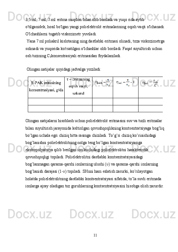 3,5 ml; 7 ml; 7 ml eritma miqdori bilan olib boriladi va yuqo rida aytib 
o'tilganidek, hosil bo'lgan yangi polielektrolit eritmalarining oqish vaqti o'lchanadi.
O'lchashlarni tugatib viskozimetr yuviladi.
 Yana 7 ml poliakril kislotaning ning dastlabki eritmasi olinadi, toza viskozimetrga
solinadi va yuqorida ko'rsatilgan o'lchashlar olib boriladi. Faqat suyultirish uchun 
osh tuzining C
2 konsentrasiyali eritmasidan foydalaniladi.
 
 Olingan natijalar quyidagi jadvalga yoziladi:
Olingan natijalarni hisoblash uchun polielektrolit eritmasini suv va tuzli eritmalar 
bilan suyultirish jarayonida keltirilgan qovushqoqlikning kontsentratsiyaga bog’liq
bo’lgan uchala egri chiziq bitta rasmga chiziladi. To’g’ri chiziq ko’rinishidagi 
bog’lanishni polielektrolitning nolga teng bo’lgan kontsentratsiyasiga 
ekstropolyatsiya qilib berilgan ion kuchidagi polielektrolitni harakteristik 
qovushqoqligi topiladi. Polielektrolitni dastlabki kontsentratsiyasidagi 
bog’lanmagan qarama-qarshi ionlarning ulushi (υ) va qarama-qarshi ionlarning 
bog’lanish darajasi (1-υ) topiladi. SHuni ham eslatish zarurki, ko’rilayotgan 
holatda polielektrolitning dastlabki kontsentratsiyasi sifatida, to’la suvli eritmada 
ionlarga ajray oladigan tuz guruhlarning kontsentratsiyasini hisobga olish zarurdir.
11 
