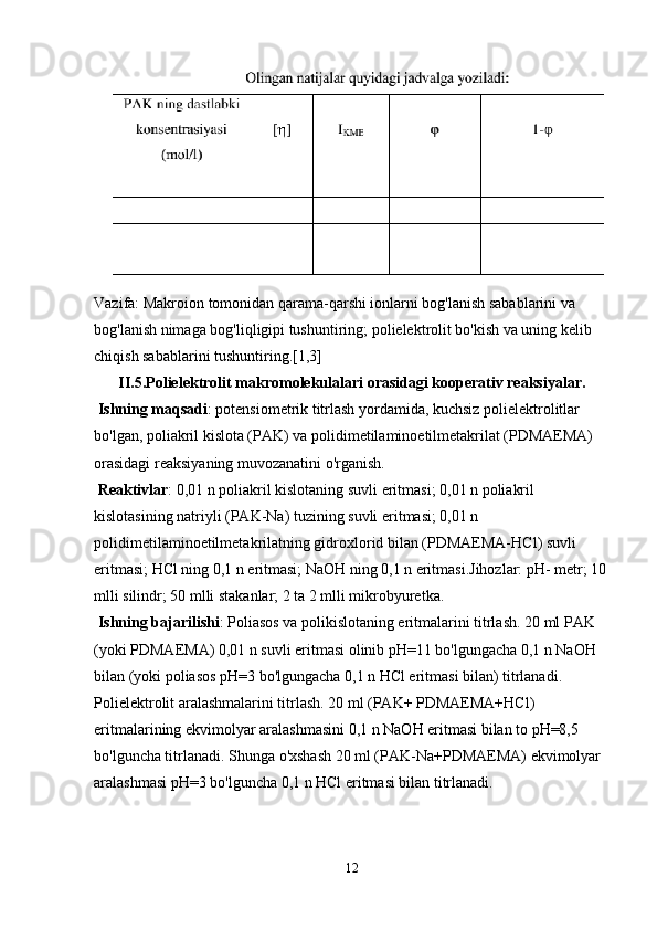Vazifa: Makroion tomonidan qarama-qarshi ionlarni bog'lanish sabablarini va 
bog'lanish nimaga bog'liqligipi tushuntiring; polielektrolit bo'kish va uning kelib 
chiqish sabablarini tushuntiring.[1,3]
II.5.Polielektrolit makromolekulalari orasidagi kooperativ reaksiyalar.
  Ishning maqsadi : potensiometrik titrlash yordamida, kuchsiz polielektrolitlar 
bo'lgan, poliakril kislota (PAK) va polidimetilaminoetilmetakrilat (PDMAEMA) 
orasidagi reaksiyaning muvozanatini o'rganish.
 Reaktivlar : 0,01 n poliakril kislotaning suvli eritmasi; 0,01 n poliakril 
kislotasining natriyli (PAK-Na) tuzining suvli eritmasi; 0,01 n 
polidimetilaminoetilmetakrilatning gidroxlorid bilan (PDMAEMA-HCl) suvli 
eritmasi; HCl ning 0,1 n eritmasi; NaOH ning 0,1 n eritmasi.Jihozlar: рН- metr; 10
mlli silindr; 50 mlli stakanlar; 2 ta 2 mlli mikrobyuretka.
  Ishning bajarilishi : Poliasos va polikislotaning eritmalarini titrlash. 20 ml PAK 
(yoki PDMAEMA) 0,01 n suvli eritmasi olinib pН=11 bo'lgungacha 0,1 n NaOH 
bilan (yoki poliasos pH=3 bo'lgungacha 0,1 n HCl eritmasi bilan) titrlanadi. 
Polielektrolit aralashmalarini titrlash. 20 ml (PAK+ PDMAEMA+HCl) 
eritmalarining ekvimolyar aralashmasini 0,1 n NaOH eritmasi bilan to рН=8,5 
bo'lguncha titrlanadi. Shunga o'xshash 20 ml (PAK-Na+PDMAEMA) ekvimolyar 
aralashmasi рН=3 bo'lguncha 0,1 n HCl eritmasi bilan titrlanadi.
12 