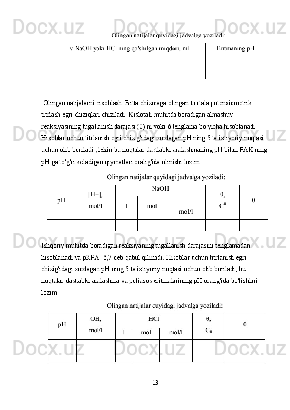  Olingan natijalarni hisoblash. Bitta chizmaga olingan to'rtala potensiometrik 
titrlash egri chiziqlari chiziladi. Kislotali muhitda boradigan almashuv 
reaksiyasining tugallanish darajasi (θ) ni yoki 6 tenglama bo'yicha hisoblanadi. 
Hisoblar uchun titrlanish egri chizig'idagi xoxlagan рН ning 5 ta ixtiyoriy nuqtasi 
uchun olib boriladi , lekin bu nuqtalar dastlabki aralashmaning pH bilan PAK ning 
pH ga to'g'ri keladigan qiymatlari oralig'ida olinishi lozim.
Ishqoriy muhitda boradigan reaksiyaning tugallanish darajasini tenglamadan 
hisoblanadi va рКPA=6,7 deb qabul qilinadi. Hisoblar uchun titrlanish egri 
chizig'idagi xoxlagan рН ning 5 ta ixtiyoriy nuqtasi uchun olib boriladi, bu 
nuqtalar dastlabki aralashma va poliasos eritmalarining рН oralig'ida bo'lishlari 
lozim.
13 