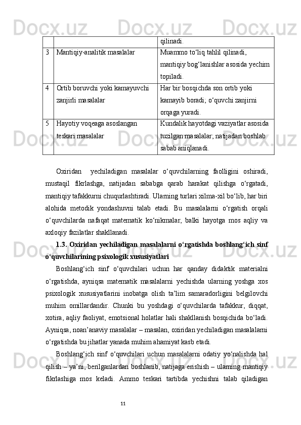 11 qilinadi.
3 Mantiqiy-analitik masalalar Muammo to‘liq tahlil qilinadi, 
mantiqiy bog‘lanishlar asosida yechim
topiladi.
4 Ortib boruvchi yoki kamayuvchi 
zanjirli masalalar Har bir bosqichda son ortib yoki 
kamayib boradi; o‘quvchi zanjirni 
orqaga yuradi.
5 Hayotiy voqeaga asoslangan 
teskari masalalar Kundalik hayotdagi vaziyatlar asosida 
tuzilgan masalalar; natijadan boshlab 
sabab aniqlanadi.
Oxiridan     yechiladigan   masalalar   o‘quvchilarning   faolligini   oshiradi,
mustaqil   fikrlashga,   natijadan   sababga   qarab   harakat   qilishga   o‘rgatadi,
mantiqiy tafakkurni chuqurlashtiradi. Ularning turlari xilma-xil bo‘lib, har biri
alohida   metodik   yondashuvni   talab   etadi.   Bu   masalalarni   o‘rgatish   orqali
o‘quvchilarda   nafaqat   matematik   ko‘nikmalar,   balki   hayotga   mos   aqliy   va
axloqiy fazilatlar shakllanadi.
1.3.   Oxiridan   yechiladigan   masalalarni   o‘rgatishda   boshlang‘ich   sinf
o‘quvchilarining psixologik xususiyatlari
Boshlang‘ich   sinf   o‘quvchilari   uchun   har   qanday   didaktik   materialni
o‘rgatishda,   ayniqsa   matematik   masalalarni   yechishda   ularning   yoshga   xos
psixologik   xususiyatlarini   inobatga   olish   ta’lim   samaradorligini   belgilovchi
muhim   omillardandir.   Chunki   bu   yoshdagi   o‘quvchilarda   tafakkur,   diqqat,
xotira, aqliy faoliyat, emotsional holatlar hali shakllanish bosqichida bo‘ladi.
Ayniqsa, noan’anaviy masalalar – masalan, oxiridan yechiladigan masalalarni
o‘rgatishda bu jihatlar yanada muhim ahamiyat kasb etadi.
Boshlang‘ich   sinf   o‘quvchilari   uchun   masalalarni   odatiy   yo‘nalishda   hal
qilish – ya’ni, berilganlardan boshlanib, natijaga erishish – ularning mantiqiy
fikrlashiga   mos   keladi.   Ammo   teskari   tartibda   yechishni   talab   qiladigan 