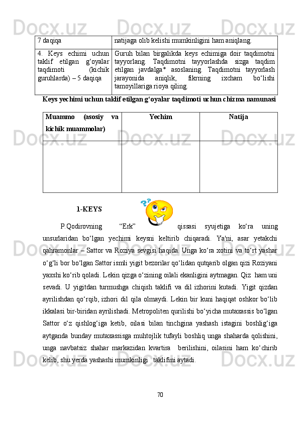7 daqiqa natijaga olib kelishi mumkinligini ham aniqlang.
4.   Keys   echimi   uchun
taklif   etilgan   g‘oyalar
taqdimoti   (kichik
guruhlarda) – 5 daqiqa Guruh   bilan   birgalikda   keys   echimiga   doir   taqdimotni
tayyorlang.   Taqdimotni   tayyorlashda   sizga   taqdim
etilgan   javdalga*   asoslaning.   Taqdimotni   tayyorlash
jarayonida   aniqlik,   fikrning   ixcham   bo‘lishi
tamoyillariga rioya qiling.
Keys  y echimi uchun taklif etilgan g‘oyalar taqdimoti  uchun chizma namunasi
Muammo   (asosiy   va
kichik muammolar) Yechim Natija
1-KEYS
P.Qodirovning   “Erk” qissasi   syujetiga   ko‘ra   uning
unsurlaridan   bo‘lgan   yechimi   keysni   keltirib   chiqaradi.   Ya'ni,   asar   yetakchi
qahramonlar – Sattor va Roziya sevgisi  haqida. Unga ko‘ra xotini va to‘rt yashar
o‘g‘li bor bo‘lgan Sattor ismli yigit bezorilar qo‘lidan qutqarib olgan qizi Roziyani
yaxshi ko‘rib qoladi. Lekin qizga o‘zining oilali ekanligini aytmagan. Qiz  ham uni
sevadi.   U   yigitdan   turmushga   chiqish   taklifi   va   dil   izhorini   kutadi.   Yigit   qizdan
ayrilishdan   qo‘rqib,   izhori   dil   qila   olmaydi.   Lekin   bir   kuni   haqiqat   oshkor   bo‘lib
ikkalasi bir-biridan ayrilishadi. Metropoliten qurilishi bo‘yicha mutaxassis bo‘lgan
Sattor   o‘z   qishlog‘iga   ketib,   oilasi   bilan   tinchgina   yashash   istagini   boshlig‘iga
aytganda  bunday mutaxassisga   muhtojlik  tufayli   boshliq  unga shaharda  qolishini,
unga   navbatsiz   shahar   markazidan   kvartira     berilishini,   oilasini   ham   ko‘chirib
kelib, shu yerda yashashi mumkinligi   taklifini aytadi. 
70 
