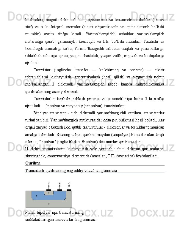 boshqalar);   magnitoelektr   asboblar;   pyezoelektr   va   tenzometrik   asboblar   (asosiy
sinf)   va   h.   k.   Integral   sxemalar   (elektr   o zgartiruvchi   va   optoelektronli   bo lishiʻ ʻ
mumkin)   ayrim   sinfga   kiradi.   Yarimo tkazgichli   asboblar   yarimo tkazgich
ʻ ʻ
materialga   qarab,   germaniyli,   kremniyli   va   h.k.   bo lishi   mumkin.   Tuzilishi   va	
ʻ
texnologik   alomatiga   ko ra,  Yarimo tkazgichli   asboblar   nuqtali   va   yassi   xillarga,	
ʻ ʻ
ishlatilish sohasiga qarab, yuqori chastotali, yuqori voltli, impulsli va boshqalarga
ajraladi.
Tranzistor   (inglizcha:   transfer   —   ko chirmoq   va   rezistor)   —   elektr	
ʻ
tebranishlarni   kuchaytirish,   generatsiyalash   (hosil   qilish)   va   o zgartirish   uchun	
ʻ
mo ljallangan   3   elektrodli   yarimo tkazgich   asbob   hamda   mikroelektronika	
ʻ ʻ
qurilmalarining asosiy elementi.
Tranzistorlar   tuzilishi,   ishlash   prinsipi   va   parametrlariga   ko ra   2   ta   sinfga	
ʻ
ajratiladi — bipolyar va maydoniy (unipolyar) tranzistorlar.
Bipolyar   tranzistor   -   uch   elektrodli   yarimo'tkazgichli   qurilma,   tranzistorlar
turlaridan biri. Yarimo'tkazgich strukturasida ikkita p-n birikmasi hosil bo'ladi, ular
orqali zaryad o'tkazish ikki qutbli tashuvchilar - elektronlar va teshiklar tomonidan
amalga oshiriladi. Shuning uchun qurilma maydon (unipolyar) tranzistoridan farqli
o'laroq, "bipolyar" (ingliz tilidan. Bipolyar) deb nomlangan tranzistor.
U   elektr   tebranishlarini   kuchaytirish   yoki   yaratish   uchun   elektron   qurilmalarda,
shuningdek, kommutatsiya elementida (masalan,   TTL   davrlarida) foydalaniladi.
Qurilma
Transistorli qurilmaning eng oddiy vizual diagrammasi
Planar bipolyar npn tranzistorining 
soddalashtirilgan tasavvurlar diagrammasi. 
