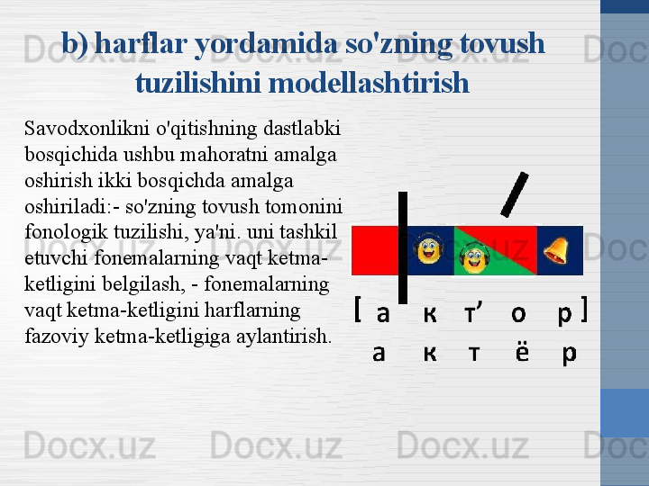 b) harflar yordamida so'zning tovush 
tuzilishini modellashtirish
Savodxonlikni o'qitishning dastlabki 
bosqichida ushbu mahoratni amalga 
oshirish ikki bosqichda amalga 
oshiriladi:- so'zning tovush tomonini 
fonologik tuzilishi, ya'ni. uni tashkil 
etuvchi fonemalarning vaqt ketma-
ketligini belgilash, - fonemalarning 
vaqt ketma-ketligini harflarning 
fazoviy ketma-ketligiga aylantirish. 