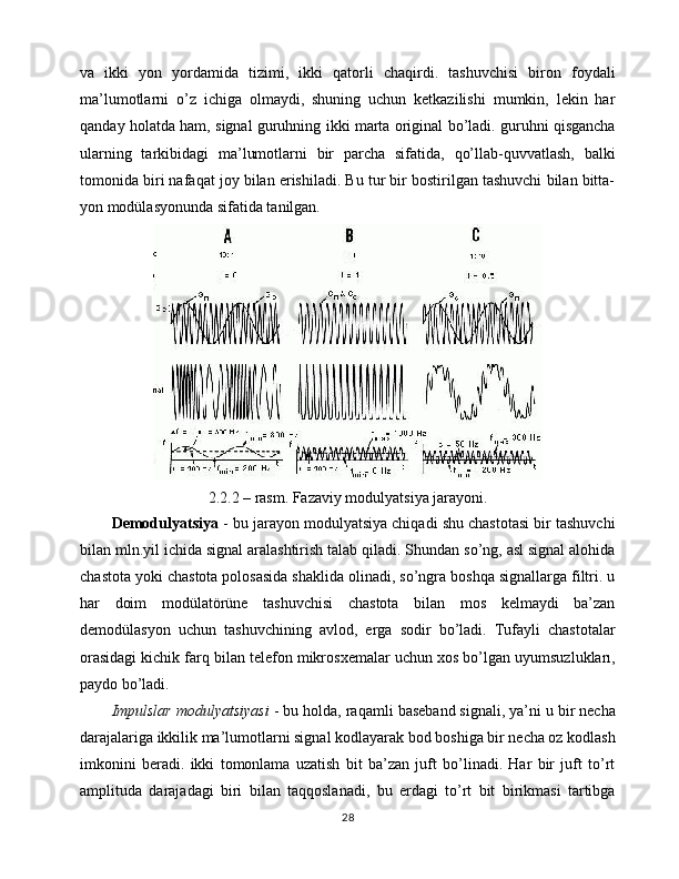 va   ikki   yon   yordamida   tizimi,   ikki   qatorli   chaqirdi.   tashuvchisi   biron   foydali
ma’lumotlarni   o’z   ichiga   olmaydi,   shuning   uchun   ketkazilishi   mumkin,   lekin   har
qanday holatda ham, signal guruhning ikki marta original bo’ladi. guruhni qisgancha
ularning   tarkibidagi   ma’lumotlarni   bir   parcha   sifatida,   qo’llab-quvvatlash,   balki
tomonida biri nafaqat joy bilan erishiladi. Bu tur bir bostirilgan tashuvchi bilan bitta-
yon modülasyonunda sifatida tanilgan.
2.2.2 – rasm. Fazaviy modulyatsiya jarayoni.
Demodulyatsiya  - bu jarayon modulyatsiya chiqadi shu chastotasi bir tashuvchi
bilan mln.yil ichida signal aralashtirish talab qiladi. Shundan so’ng, asl signal alohida
chastota yoki chastota polosasida shaklida olinadi, so’ngra boshqa signallarga filtri. u
har   doim   modülatörüne   tashuvchisi   chastota   bilan   mos   kelmaydi   ba’zan
demodülasyon   uchun   tashuvchining   avlod,   erga   sodir   bo’ladi.   Tufayli   chastotalar
orasidagi kichik farq bilan telefon mikrosxemalar uchun xos bo’lgan uyumsuzlukları,
paydo   bo’ladi. 
Impulslar modulyatsiyasi  - bu holda, raqamli baseband signali, ya’ni u bir necha
darajalariga ikkilik ma’lumotlarni signal kodlayarak bod boshiga bir necha oz kodlash
imkonini   beradi.   ikki   tomonlama   uzatish   bit   ba’zan   juft   bo’linadi.   Har   bir   juft   to’rt
amplituda   darajadagi   biri   bilan   taqqoslanadi,   bu   erdagi   to’rt   bit   birikmasi   tartibga
28 