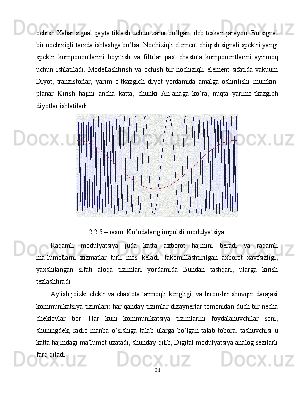 ochish Xabar signal qayta tiklash uchun zarur bo’lgan, deb teskari jarayon. Bu signal
bir nochiziqli tarzda ishlashga bo’lsa. Nochiziqli element chiqish signali spektri yangi
spektri   komponentlarini   boyitish   va   filtrlar   past   chastota   komponentlarini   ayirmoq
uchun   ishlatiladi.   Modellashtirish   va   ochish   bir   nochiziqli   element   sifatida   vakuum
Diyot,   tranzistorlar,   yarim   o’tkazgich   diyot   yordamida   amalga   oshirilishi   mumkin.
planar   Kirish   hajmi   ancha   katta,   chunki   An’anaga   ko’ra,   nuqta   yarimo’tkazgich
diyotlar ishlatiladi.
2.2.5 – rasm. Ko’ndalang impulsli modulyatsiya.
Raqamli   modulyatsiya   juda   katta   axborot   hajmini   beradi   va   raqamli
ma’lumotlarni   xizmatlar   turli   mos   keladi.   takomillashtirilgan   axborot   xavfsizligi,
yaxshilangan   sifati   aloqa   tizimlari   yordamida   Bundan   tashqari,   ularga   kirish
tezlashtiradi.
Aytish joizki elektr va chastota tarmoqli kengligi, va biron-bir shovqin darajasi
kommunikatsiya tizimlari: har qanday tizimlar dizaynerlar tomonidan duch bir necha
cheklovlar   bor.   Har   kuni   kommunikatsiya   tizimlarini   foydalanuvchilar   soni,
shuningdek,   radio   manba   o’sishiga   talab   ularga   bo’lgan   talab   tobora.   tashuvchisi   u
katta hajmdagi ma’lumot uzatadi, shunday qilib, Digital modulyatsiya analog sezilarli
farq qiladi.
31 