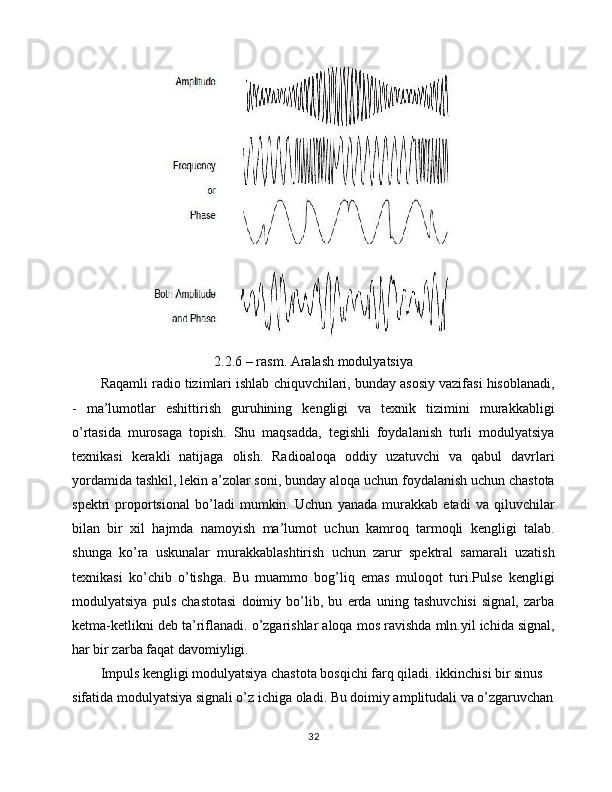 2.2.6 – rasm. Aralash modulyatsiya
Raqamli radio tizimlari ishlab chiquvchilari, bunday asosiy vazifasi hisoblanadi,
-   ma’lumotlar   eshittirish   guruhining   kengligi   va   texnik   tizimini   murakkabligi
o’rtasida   murosaga   topish.   Shu   maqsadda,   tegishli   foydalanish   turli   modulyatsiya
texnikasi   kerakli   natijaga   olish.   Radioaloqa   oddiy   uzatuvchi   va   qabul   davrlari
yordamida tashkil, lekin a’zolar soni, bunday aloqa uchun foydalanish uchun chastota
spektri   proportsional   bo’ladi   mumkin.   Uchun   yanada   murakkab   etadi   va   qiluvchilar
bilan   bir   xil   hajmda   namoyish   ma’lumot   uchun   kamroq   tarmoqli   kengligi   talab.
shunga   ko’ra   uskunalar   murakkablashtirish   uchun   zarur   spektral   samarali   uzatish
texnikasi   ko’chib   o’tishga.   Bu   muammo   bog’liq   emas   muloqot   turi.Pulse   kengligi
modulyatsiya   puls   chastotasi   doimiy   bo’lib,   bu   erda   uning   tashuvchisi   signal,   zarba
ketma-ketlikni deb ta’riflanadi. o’zgarishlar aloqa mos ravishda mln.yil ichida signal,
har bir zarba faqat davomiyligi.
Impuls kengligi modulyatsiya chastota bosqichi farq qiladi. ikkinchisi bir sinus 
sifatida modulyatsiya signali o’z ichiga oladi. Bu doimiy amplitudali va o’zgaruvchan
32 