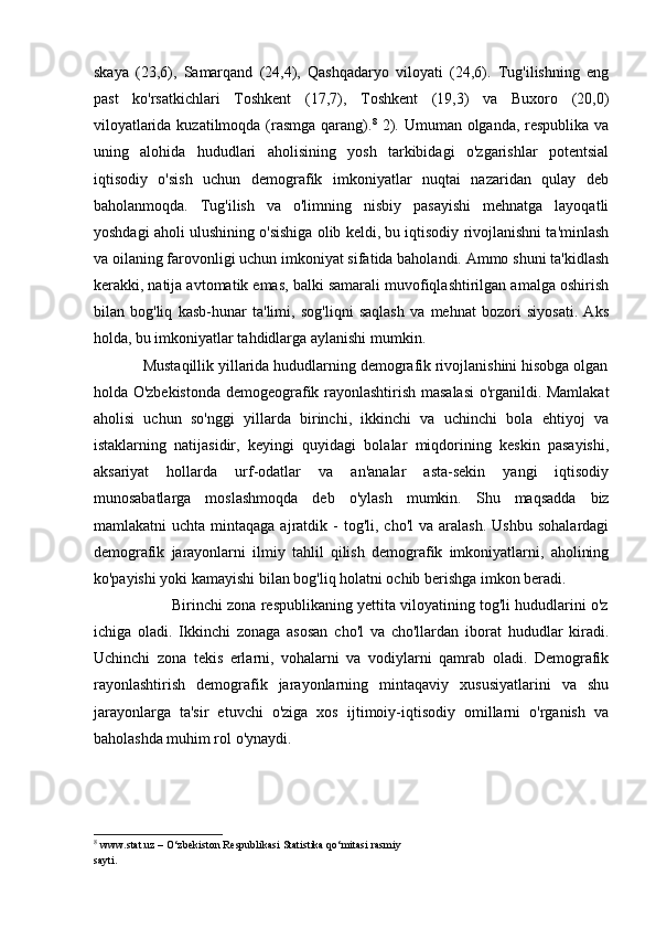 skaya   (23,6),   Samarqand   (24,4),   Qashqadaryo   viloyati   (24,6).   Tug'ilishning   eng
past   ko'rsatkichlari   Toshkent   (17,7),   Toshkent   (19,3)   va   Buxoro   (20,0)
viloyatlarida kuzatilmoqda (rasmga qarang). 8
  2). Umuman olganda, respublika va
uning   alohida   hududlari   aholisining   yosh   tarkibidagi   o'zgarishlar   potentsial
iqtisodiy   o'sish   uchun   demografik   imkoniyatlar   nuqtai   nazaridan   qulay   deb
baholanmoqda.   Tug'ilish   va   o'limning   nisbiy   pasayishi   mehnatga   layoqatli
yoshdagi aholi ulushining o'sishiga olib keldi, bu iqtisodiy rivojlanishni ta'minlash
va oilaning farovonligi uchun imkoniyat sifatida baholandi. Ammo shuni ta'kidlash
kerakki, natija avtomatik emas, balki samarali muvofiqlashtirilgan amalga oshirish
bilan   bog'liq   kasb-hunar   ta'limi,   sog'liqni   saqlash   va   mehnat   bozori   siyosati.   Aks
holda, bu imkoniyatlar tahdidlarga aylanishi mumkin. 
            Mustaqillik yillarida hududlarning demografik rivojlanishini hisobga olgan
holda O'zbekistonda demogeografik rayonlashtirish masalasi o'rganildi. Mamlakat
aholisi   uchun   so'nggi   yillarda   birinchi,   ikkinchi   va   uchinchi   bola   ehtiyoj   va
istaklarning   natijasidir,   keyingi   quyidagi   bolalar   miqdorining   keskin   pasayishi,
aksariyat   hollarda   urf-odatlar   va   an'analar   asta-sekin   yangi   iqtisodiy
munosabatlarga   moslashmoqda   deb   o'ylash   mumkin.   Shu   maqsadda   biz
mamlakatni   uchta  mintaqaga  ajratdik  -   tog'li,  cho'l   va  aralash.   Ushbu  sohalardagi
demografik   jarayonlarni   ilmiy   tahlil   qilish   demografik   imkoniyatlarni,   aholining
ko'payishi yoki kamayishi bilan bog'liq holatni ochib berishga imkon beradi. 
                  Birinchi zona respublikaning yettita viloyatining tog'li hududlarini o'z
ichiga   oladi.   Ikkinchi   zonaga   asosan   cho'l   va   cho'llardan   iborat   hududlar   kiradi.
Uchinchi   zona   tekis   erlarni,   vohalarni   va   vodiylarni   qamrab   oladi.   Demografik
rayonlashtirish   demografik   jarayonlarning   mintaqaviy   xususiyatlarini   va   shu
jarayonlarga   ta'sir   etuvchi   o'ziga   xos   ijtimoiy-iqtisodiy   omillarni   o'rganish   va
baholashda muhim rol o'ynaydi. 
8
 www.stat.uz – O‘zbekiston Respublikasi Statistika qo‘mitasi rasmiy
sayti. 