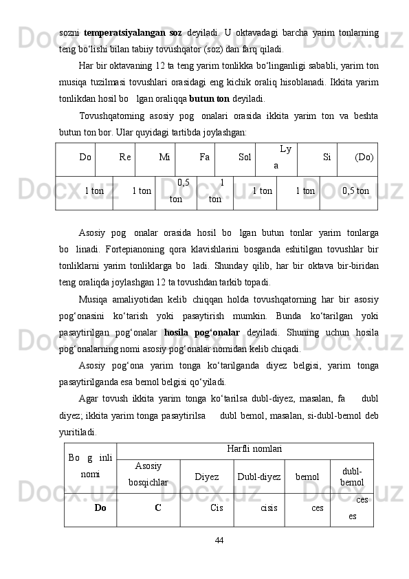 sozni   temperatsiyalangan   soz   deyiladi.   U   oktavadagi   barcha   yarim   tonlarning
teng bo‘lishi bilan tabiiy tovushqator (soz) dan farq qiladi.
Har bir oktavaning 12 ta teng yarim tonlikka bo‘linganligi sababli, yarim ton
musiqa  tuzilmasi   tovushlari  orasidagi   eng  kichik oraliq hisoblanadi.  Ikkita yarim
tonlikdan hosil bo lgan oraliqqa  butun ton  deyiladi.
Tovushqatorning   asosiy   pog onalari   orasida   ikkita   yarim   ton   va   beshta	

butun ton bor. Ular quyidagi tartibda joylashgan:
Do Re Mi Fa Sol Ly
a Si (Do)
1 ton 1 ton 0,5
ton 1
ton 1 ton 1 ton 0,5 ton
Asosiy   pog onalar   orasida   hosil   bo lgan   butun   tonlar   yarim   tonlarga	
 
bo linadi.   Fortepianoning   qora   klavishlarini   bosganda   eshitilgan   tovushlar   bir	

tonliklarni   yarim   tonliklarga   bo ladi.   Shunday   qilib,   har   bir   oktava   bir-biridan	

teng oraliqda joylashgan 12 ta tovushdan tarkib topadi. 
Musiqa   amaliyotidan   kelib   chiqqan   holda   tovushqatorning   har   bir   asosiy
pog‘onasini   ko‘tarish   yoki   pasaytirish   mumkin.   Bunda   ko‘tarilgan   yoki
pasaytirilgan   pog‘onalar   hosila   pog‘onalar   deyiladi.   Shuning   uchun   hosila
pog‘onalarning nomi asosiy pog‘onalar nomidan kelib chiqadi.
Asosiy   pog‘ona   yarim   tonga   ko‘tarilganda   diyez   belgisi,   yarim   tonga
pasaytirilganda esa bemol belgisi qo‘yiladi. 
Agar   tovush   ikkita   yarim   tonga   ko‘tarilsa   dubl-diyez,   masalan,   fa     dubl	

diyez; ikkita yarim  tonga pasaytirilsa   dubl  bemol, masalan,  si-dubl-bemol  deb	

yuritiladi. 
Bo g inli	
 
nomi Harfli nomlari
Asosiy
bosqichlar Di y ez Dubl-di y ez bemol dubl-
bemol
Do C Cis cisis ces ces
es
44 