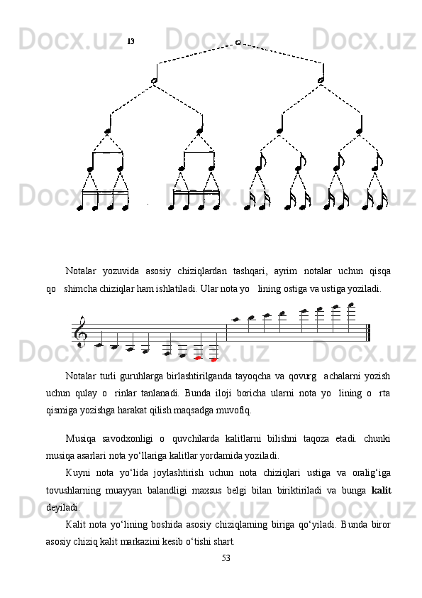 Notalar   yozuvida   asosiy   chiziqlardan   tashqari,   ayrim   notalar   uchun   qisqa
qo shimcha chiziqlar ham ishlatiladi. Ular nota yo lining ostiga va ustiga yoziladi.  
Notalar   turli   guruhlarga   birlashtirilganda   tayoqcha   va   qovurg achalarni   yozish	

uchun   qulay   o rinlar   tanlanadi.   Bunda   iloji   boricha   ularni   nota   yo lining   o rta	
  
qismiga yozishga harakat qilish maqsadga muvofiq. 
Musiqa   savodxonligi   o quvchilarda   kalitlarni   bilishni   taqoza   etadi.   chunki	

musiqa asarlari nota yo‘llariga kalitlar yordamida yoziladi.
Кuyni   n ota   yo‘li da   joylashtirish   uchun   nota   chiziqlar i   ustiga   va   oralig‘iga
tovushlarning   muayyan   balandligi   maxsus   belgi   bilan   biriktiriladi   va   bunga   kalit
deyiladi.
К alit   nota   yo‘lining   boshida   asosiy   chiziqlarning   biriga   qo‘yiladi.   Bunda   biror
asosiy chiziq kalit markazini kesib o‘tishi shart.
53 